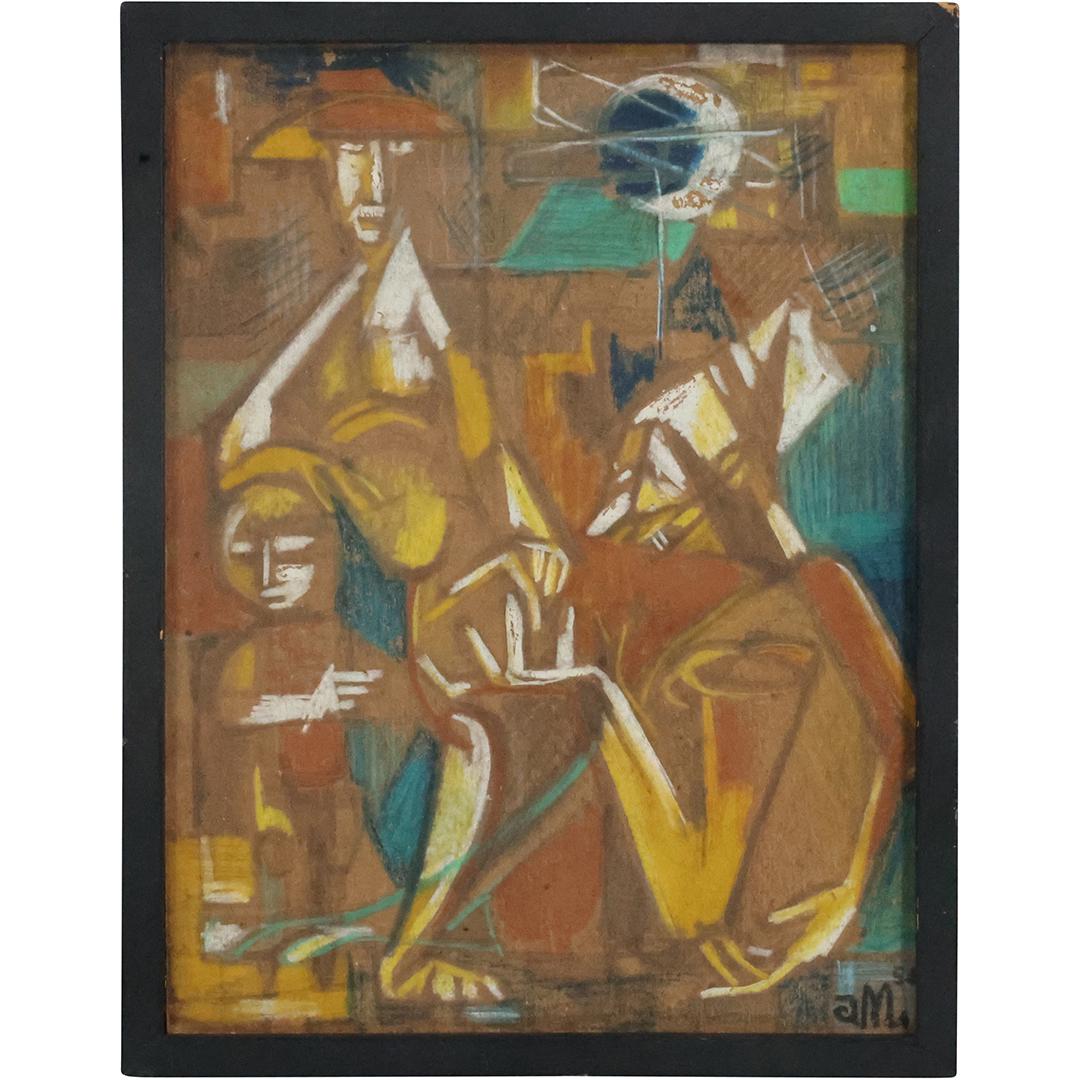 Jan Matulka 1954, Mixed Media Painting  "Family" Moderrn Cubism Figures, Framed (1 of 13)