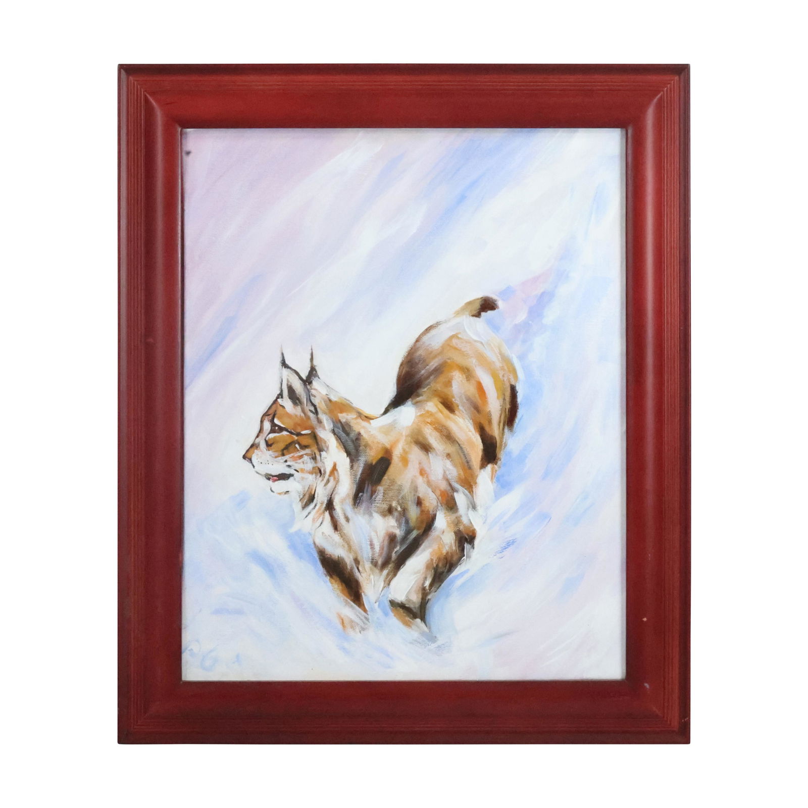20th C. Oil on Canvas Painting BOBCAT in Winter Signed Initials, Framed (1 of 11)