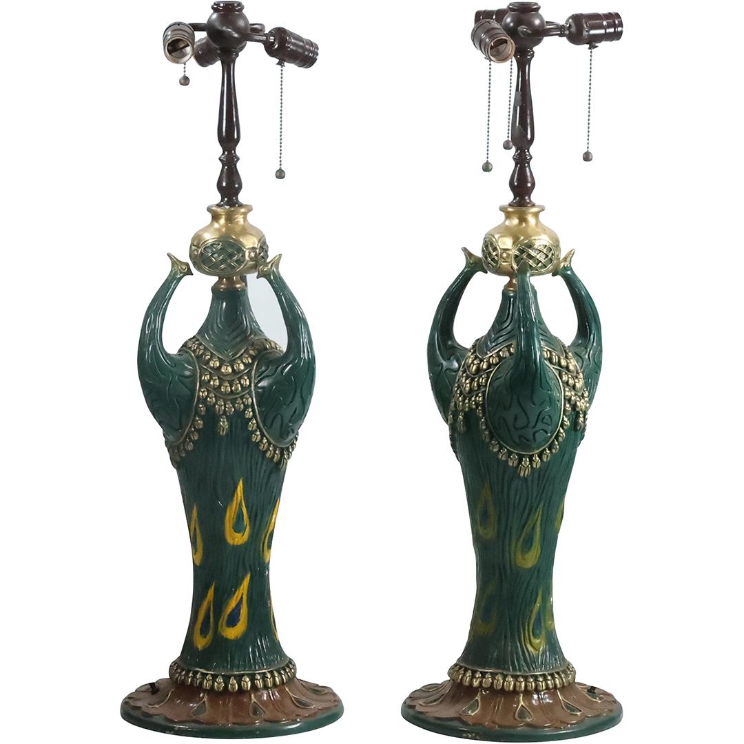 [2] Large Heavy Bronze PEACOCK Table Lamp Bases 32 inches Overall Height, Original Paint Finish (1 of 19)