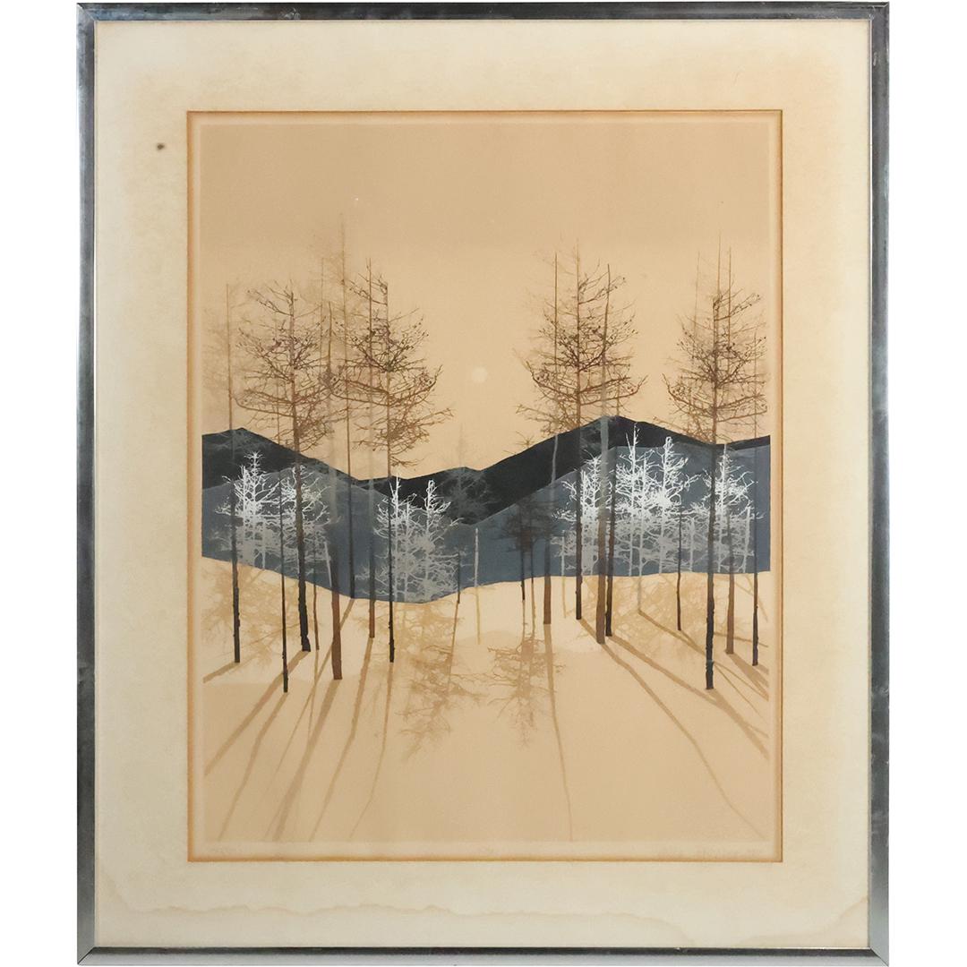 1980 Signed Lithograph Mountains and Sliouette Trees, Framed (1 of 15)