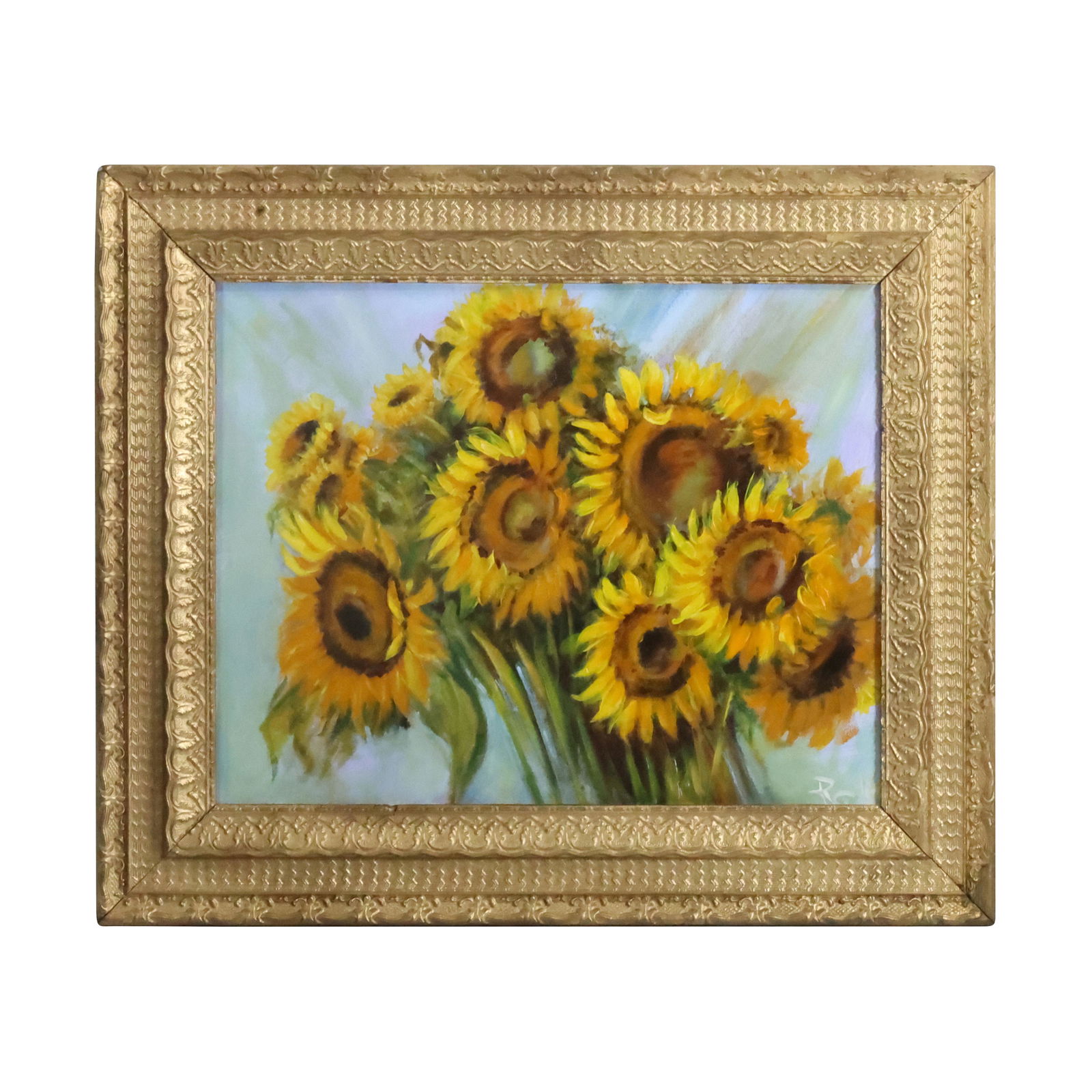 20th C. Oil on Canvas Painting Sunflowers Signed Initials, Framed (1 of 12)
