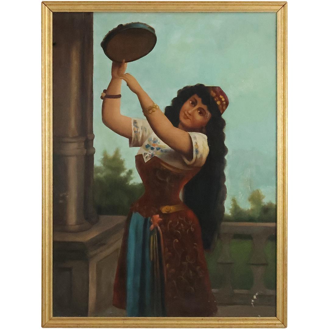 19th C. Oil on Canvas Painting Gypsy Woman Holding a Tamborine, Framed (1 of 15)