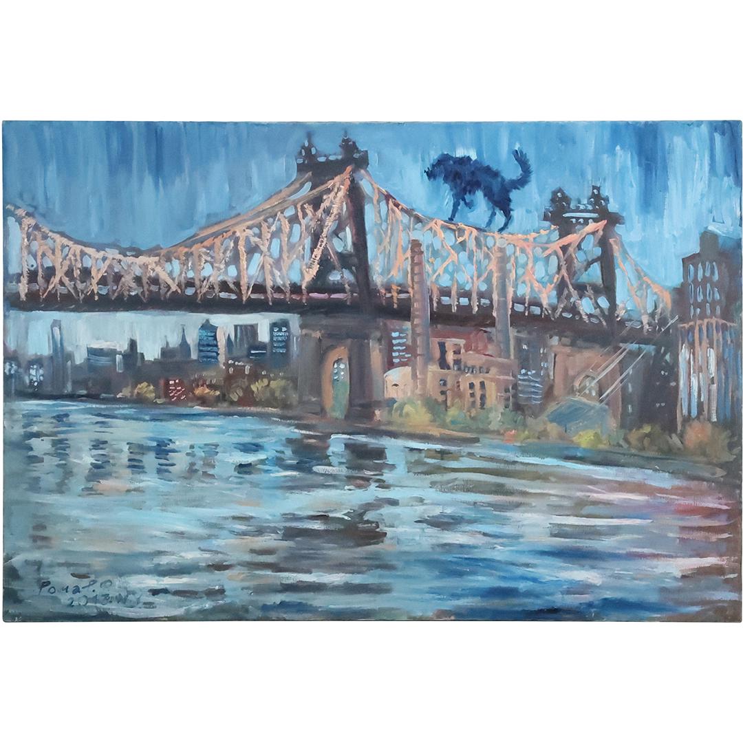 Roman Rakhmathlin, Oil on Canvas Painting Blue Dog and The Queen Bridge, New York City (1 of 14)