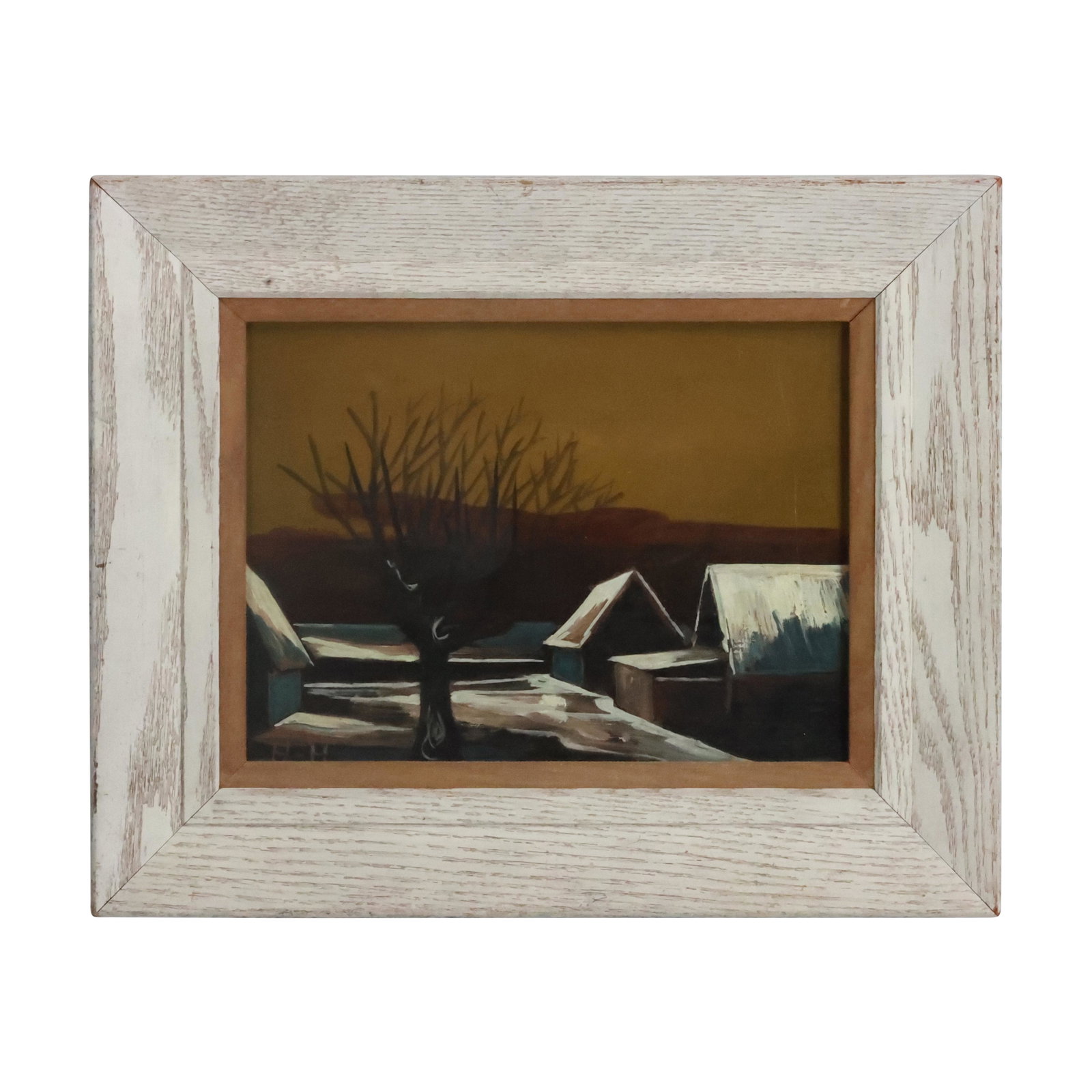 Signed "H H", Circa 1940 Oil on Board Painting Winter Thaw at The Farm: Signed "H H", Circa 1940 Oil on Board Painting Winter Thaw at The Farm. size: 9 x 12, 14 x 17 outside frame THIS AUCTION HAS SPECIAL PICK UP DATES SPECIAL PICK UP DATES AND TIME-LINE, W/ EXTENDED PICK