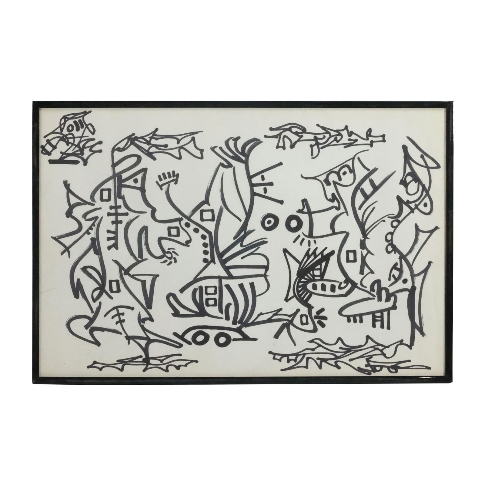 Manner of Pablo Picasso, Black and White Abstract Drawing, Unsigned, Framed (1 of 11)