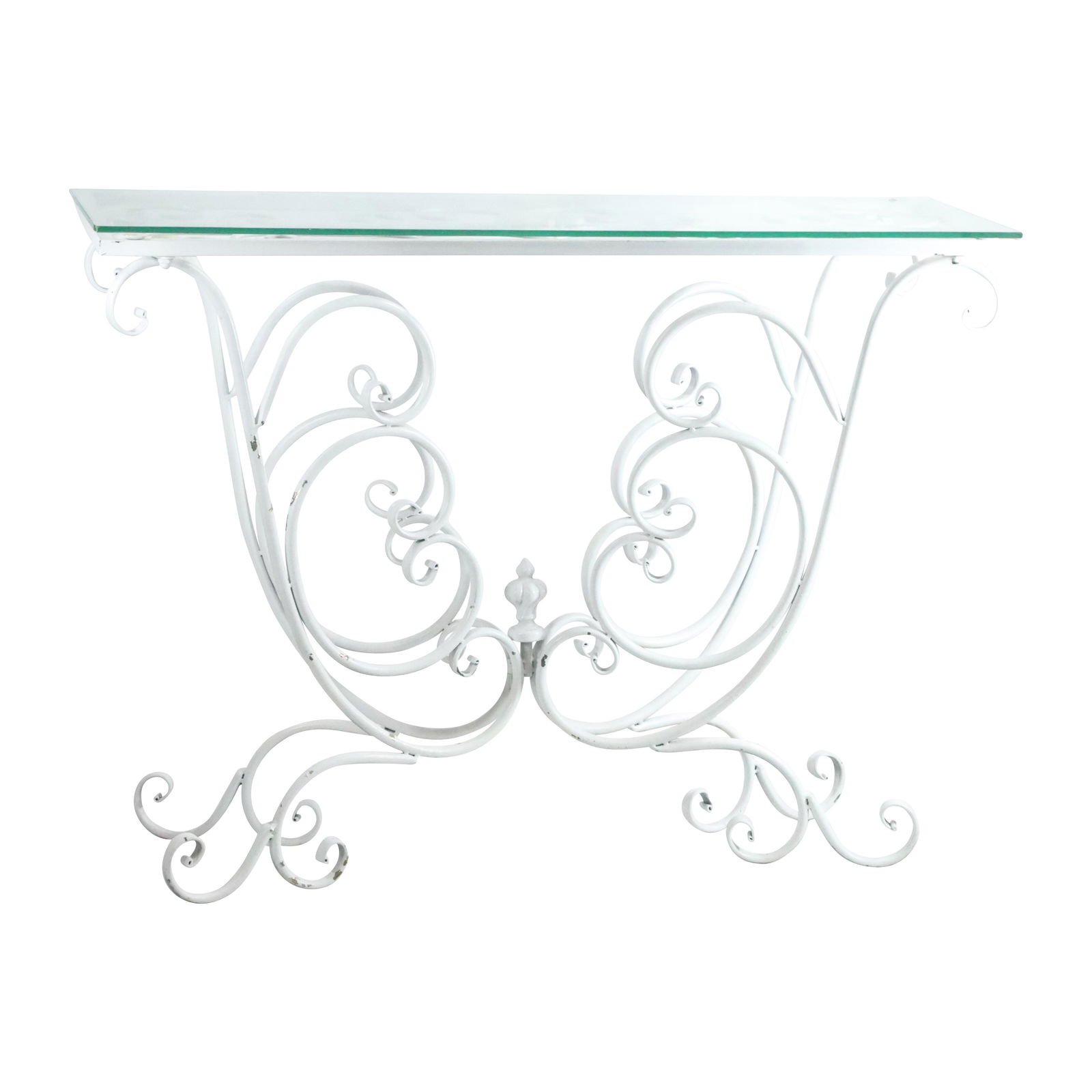 Fancy Metal Patio Console Table with Glass Top, Metal Base Painted White (1 of 16)