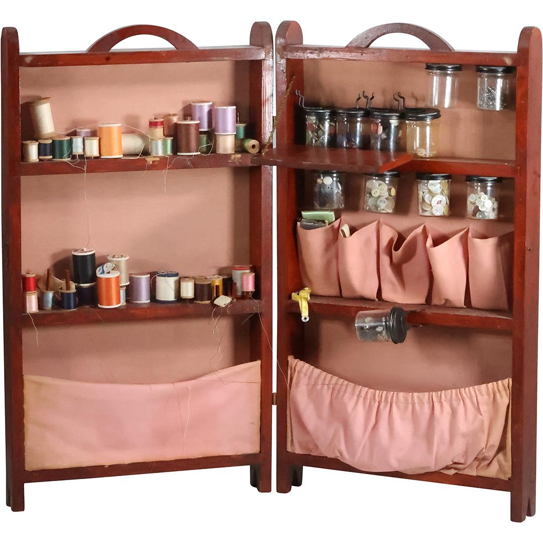 Circa 1950 Wood Folding Sewing Stand Cabinet with Spools Thread and Accessories (1 of 17)