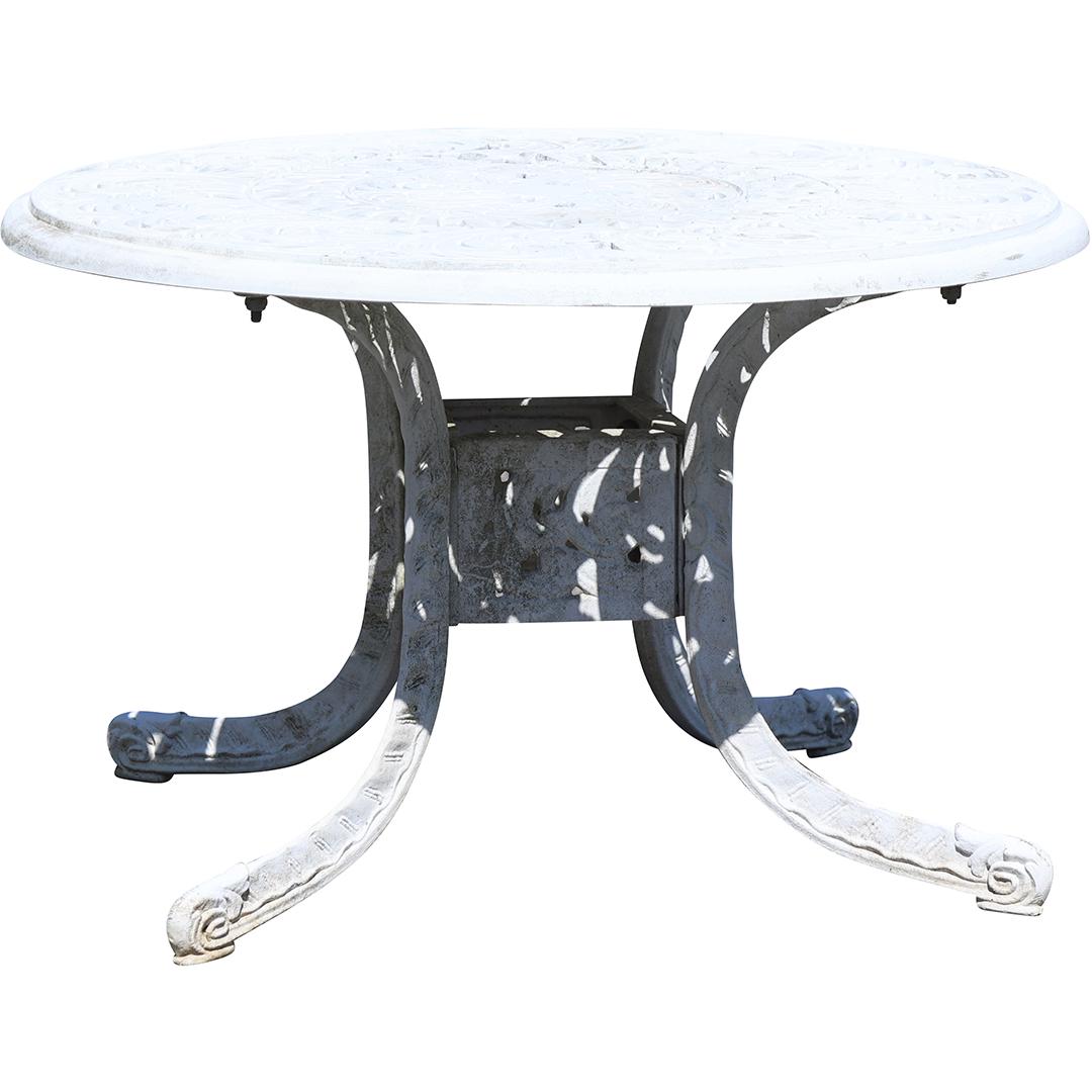 Fancy Cast Aluminum Round Outdoor Patio Table 28 inches diameter: Fancy Cast Aluminum Round Outdoor Patio Table 28 inches diameter. Painted White. size: 17.5 x 28 THIS AUCTION HAS SPECIAL PICK UP DATES SPECIAL PICK UP DATES AND TIME-LINE, W/ EXTENDED PICK UPS. 5/22 