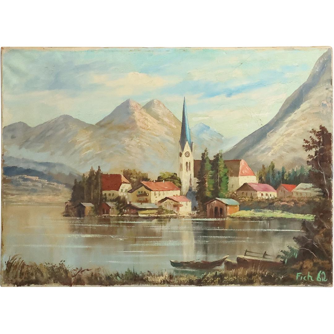 Fich 1962, Oil on Canvas Painting Coastal European Village, Mountains Background (1 of 14)