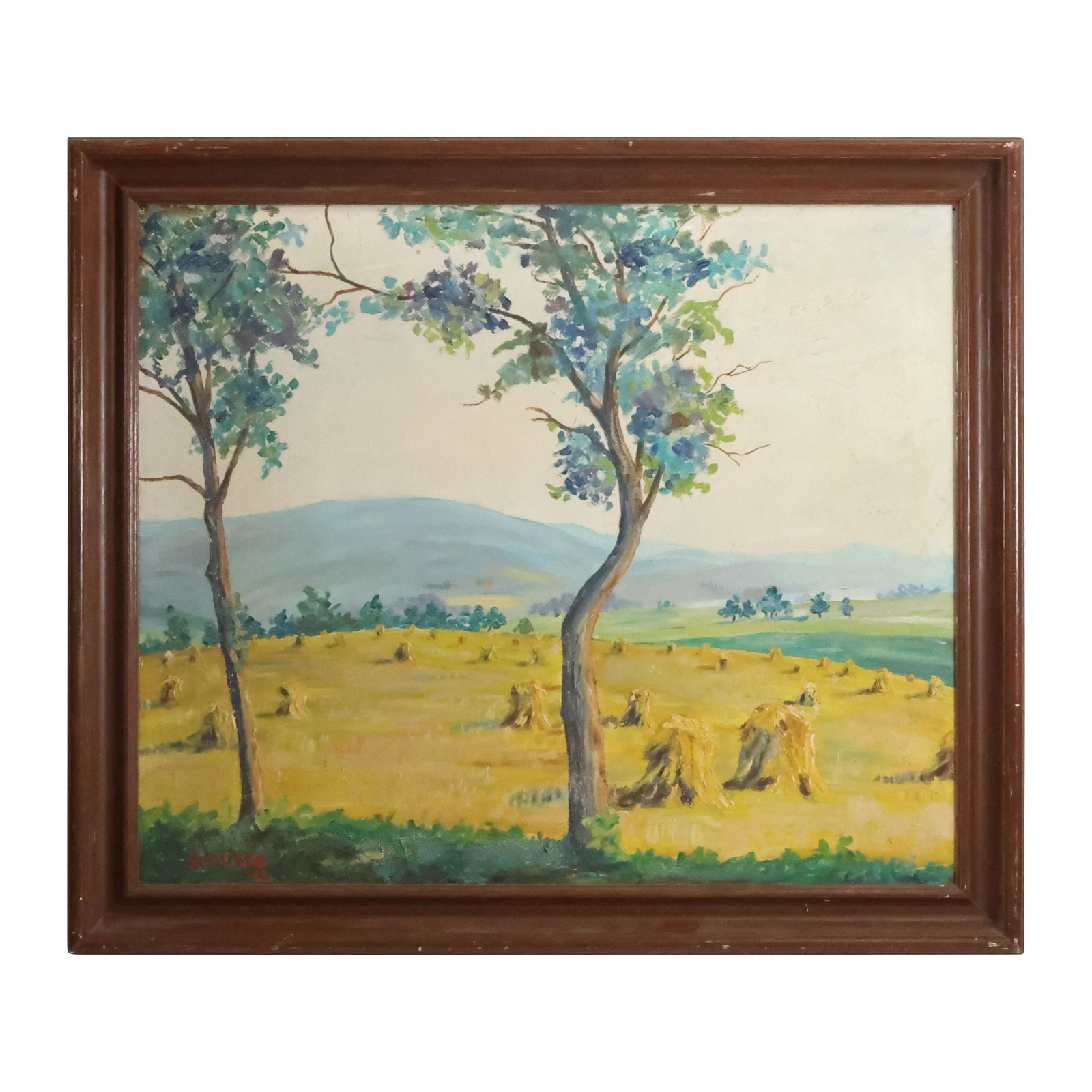 J Clauser 1947, Oil on Board Oil Painting, Hay Fields Landscape, Framed (1 of 13)