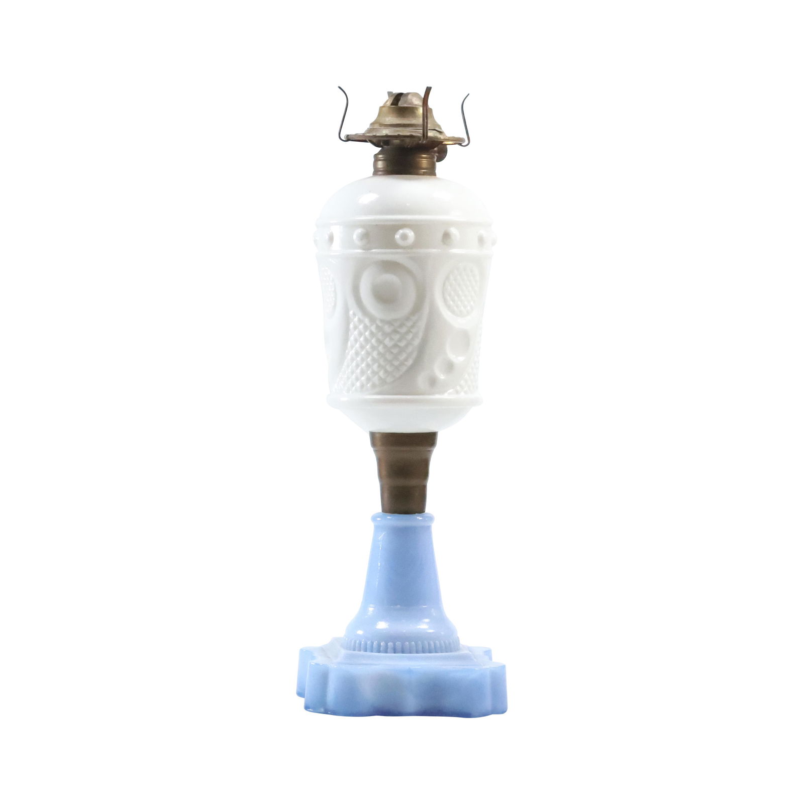 Circa 1860 Oil Lamp Blue Custard Glass Base with White Glass Patterned Font (1 of 11)