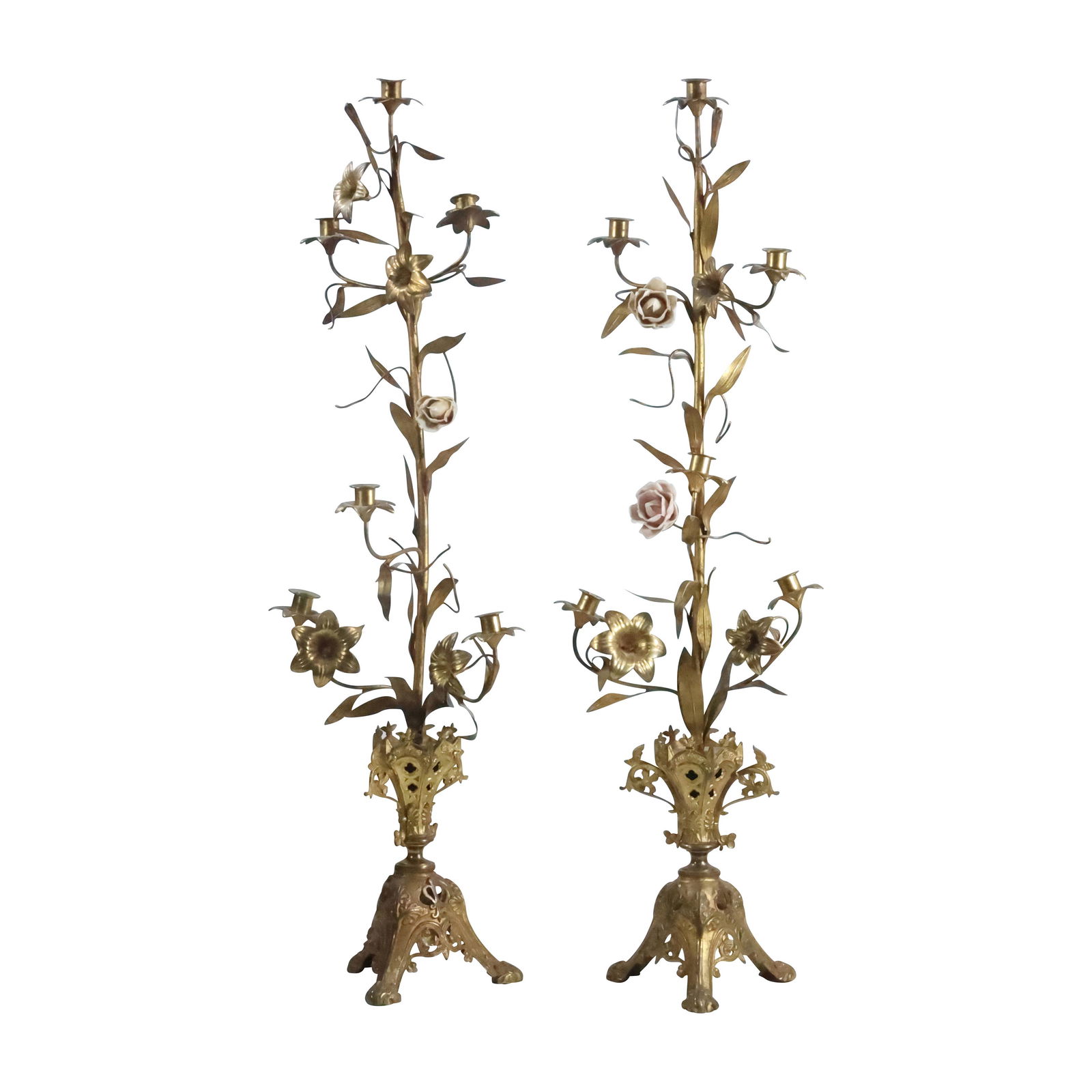 [2] French Victorian Tall Brass Candelabras Leaves with Flowers 40 inches height (1 of 19)