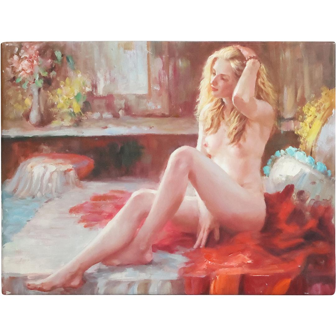 Fabulous 20th C. Oil Painting Young Nude Woman Sitting Up in Bed: Fabulous 20th C. Oil Painting Young Nude Woman Sitting Up in Bed. Oil on Canvas Painting. size: 18 in. x 24 in. THIS AUCTION HAS SPECIAL PICK UP DATES SPECIAL PICK UP DATES AND TIME-LINE, W/ EXTENDED 