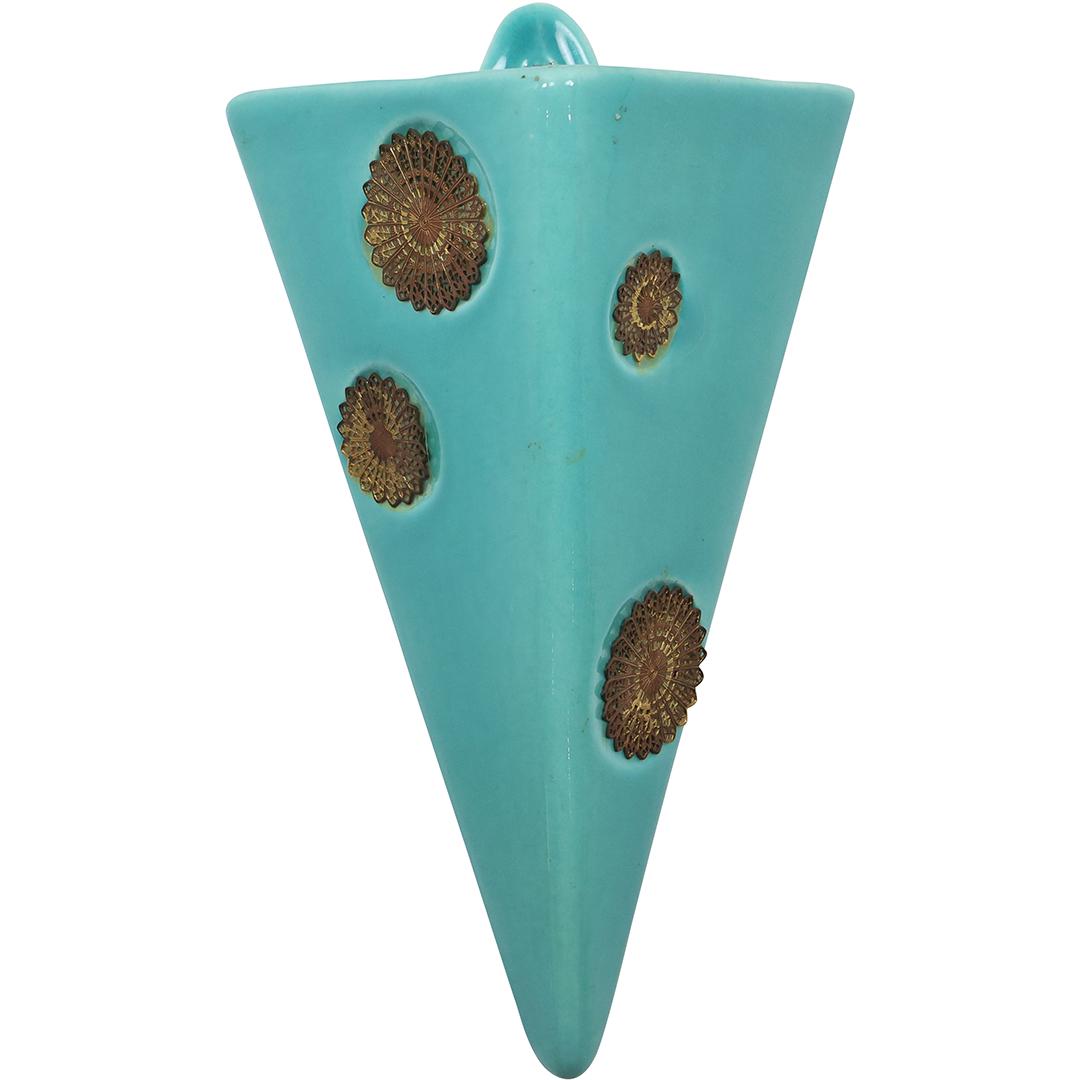 Royal Haeger Ceramic Teal Blue Triangular Wall Pocket with Rosettes 11 inches x 6.5 inches (1 of 16)