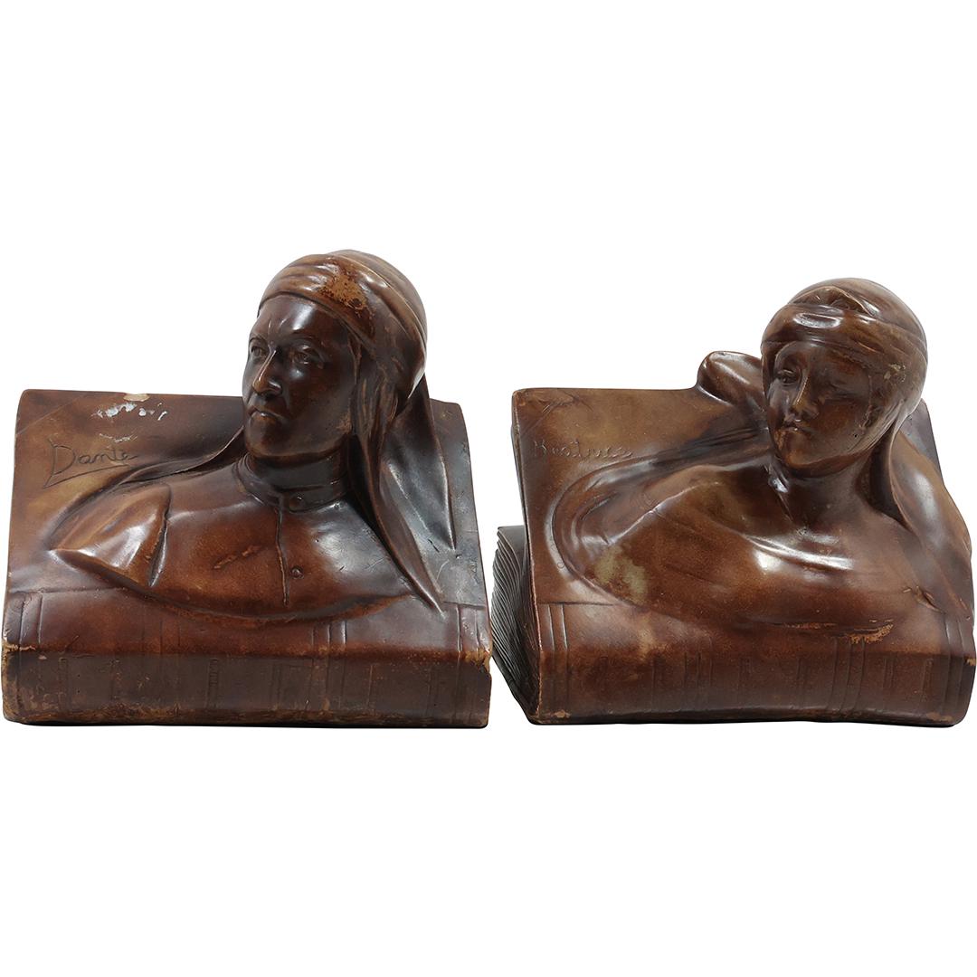 Circa 1920 DANTE Bronze Clad Figurative Bookends - Original Patina: Circa 1920 DANTE Bronze Clad Figurative Bookends - Original Patina. size: 4.25 in. x 5.5 in. x 3.75 in. THIS AUCTION HAS SPECIAL PICK UP DATESSPECIAL PICK UP DATES AND TIME-LINE, W/ EXTENDED PICK UPS.