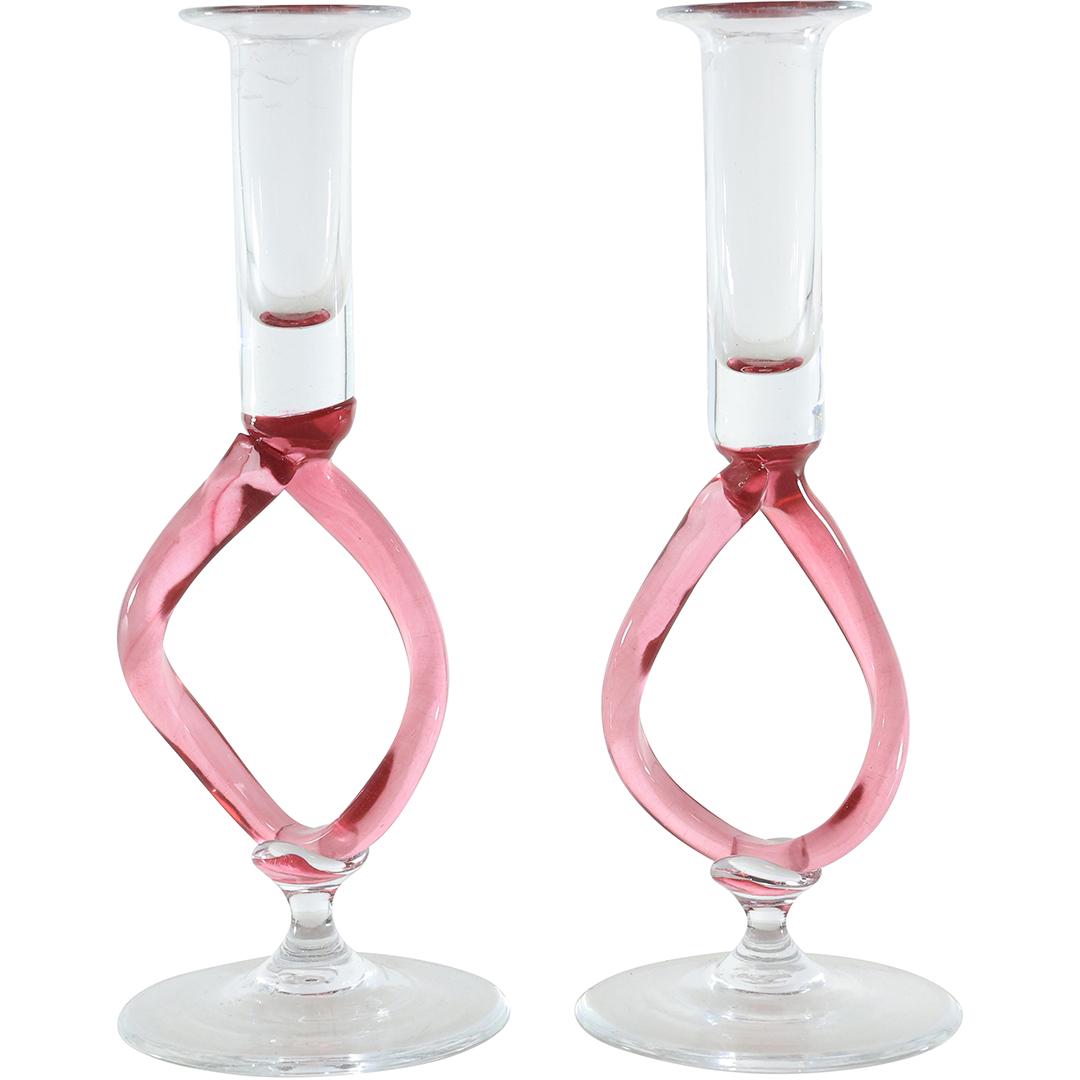 Pink and Clear Crystal Art Glass Sculptured Candlesticks 9 inches height: Pink and Clear Crystal Art Glass Sculptured Candlesticks 9 inches height. size: 9 in. x 3.25 in. THIS AUCTION HAS SPECIAL PICK UP DATES SPECIAL PICK UP DATES AND TIME-LINE, W/ EXTENDED PICK UPS. 5/22 