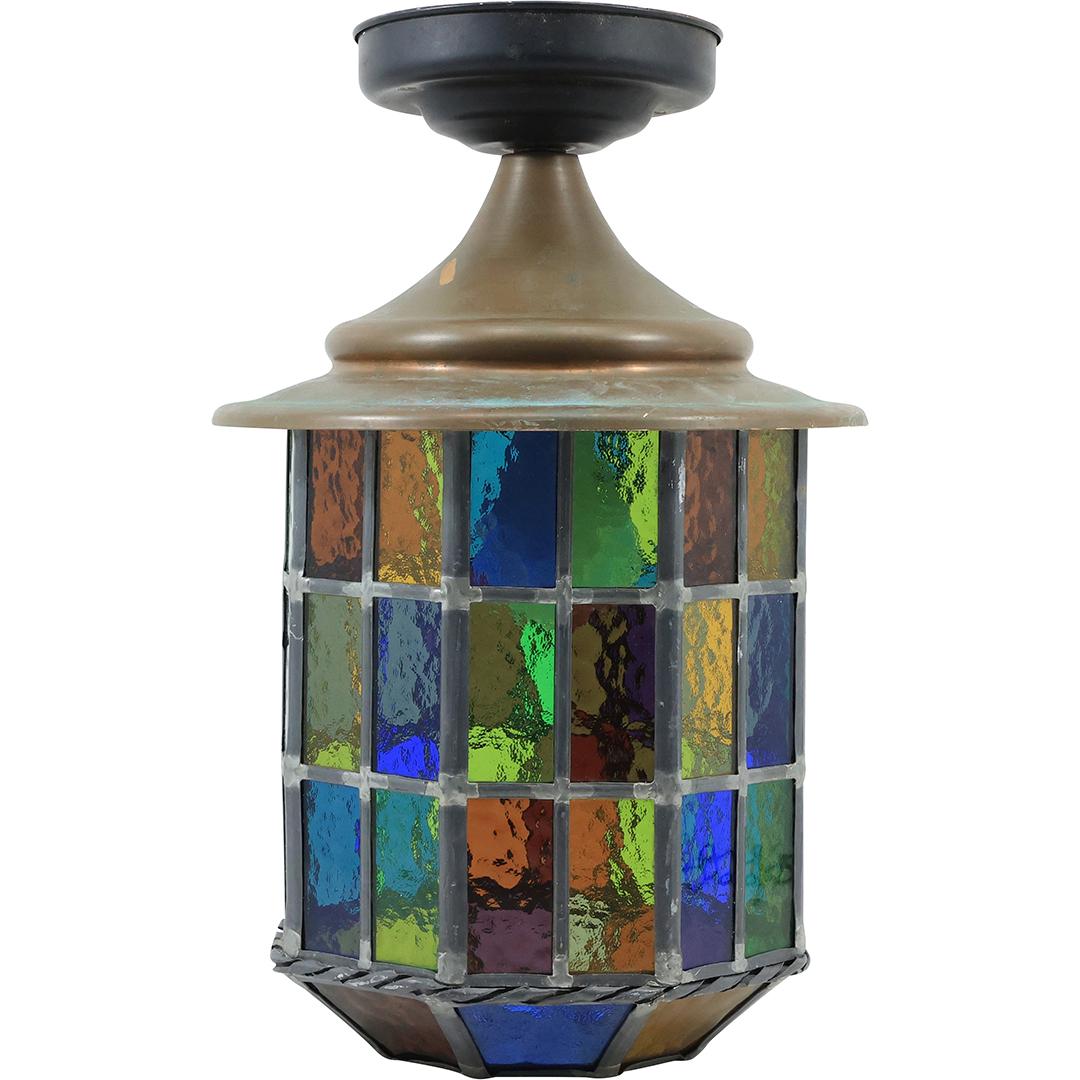 Arts and Crafts Copper and Multi Colors Stain Glass Hanging Hall Fixture 14.75 in. x 9 in. dia.: Arts and Crafts Copper and Multi Colors Stain Glass Hanging Hall Fixture 14.75 in. x 9 in. dia. size: 14.75x9 THIS AUCTION HAS SPECIAL PICK UP DATES SPECIAL PICK UP DATES AND TIME-LINE, W/ EXTENDED PI
