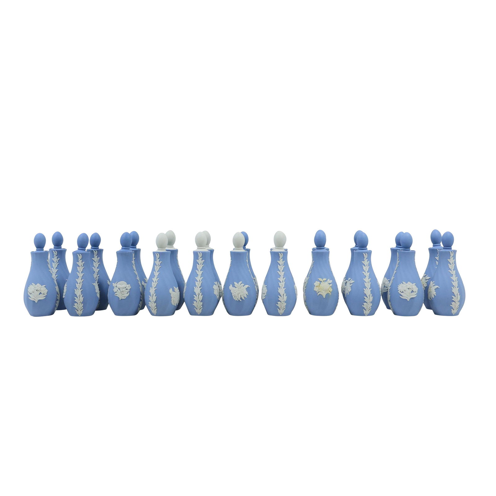 [22] Wedgwood England Jasper Perfume Bottles: [22] Wedgwood England Jasper Perfume Bottles. size: 5.75x2 (bottle) 3x4x2.5 (box) 7 white toppers, 15 blue toppers THIS AUCTION HAS SPECIAL PICK UP DATESSPECIAL PICK UP DATES AND TIME-LINE, W/ EXTENDE