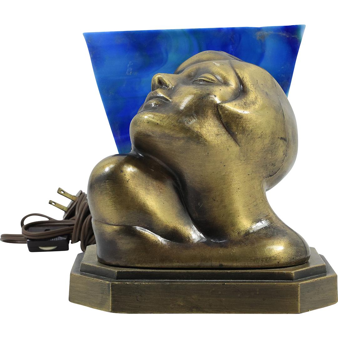 Cast Metal Art Deco Flapper Girl Bust Lamp with Blue Slag Glass Backdrop Shade (1 of 20)