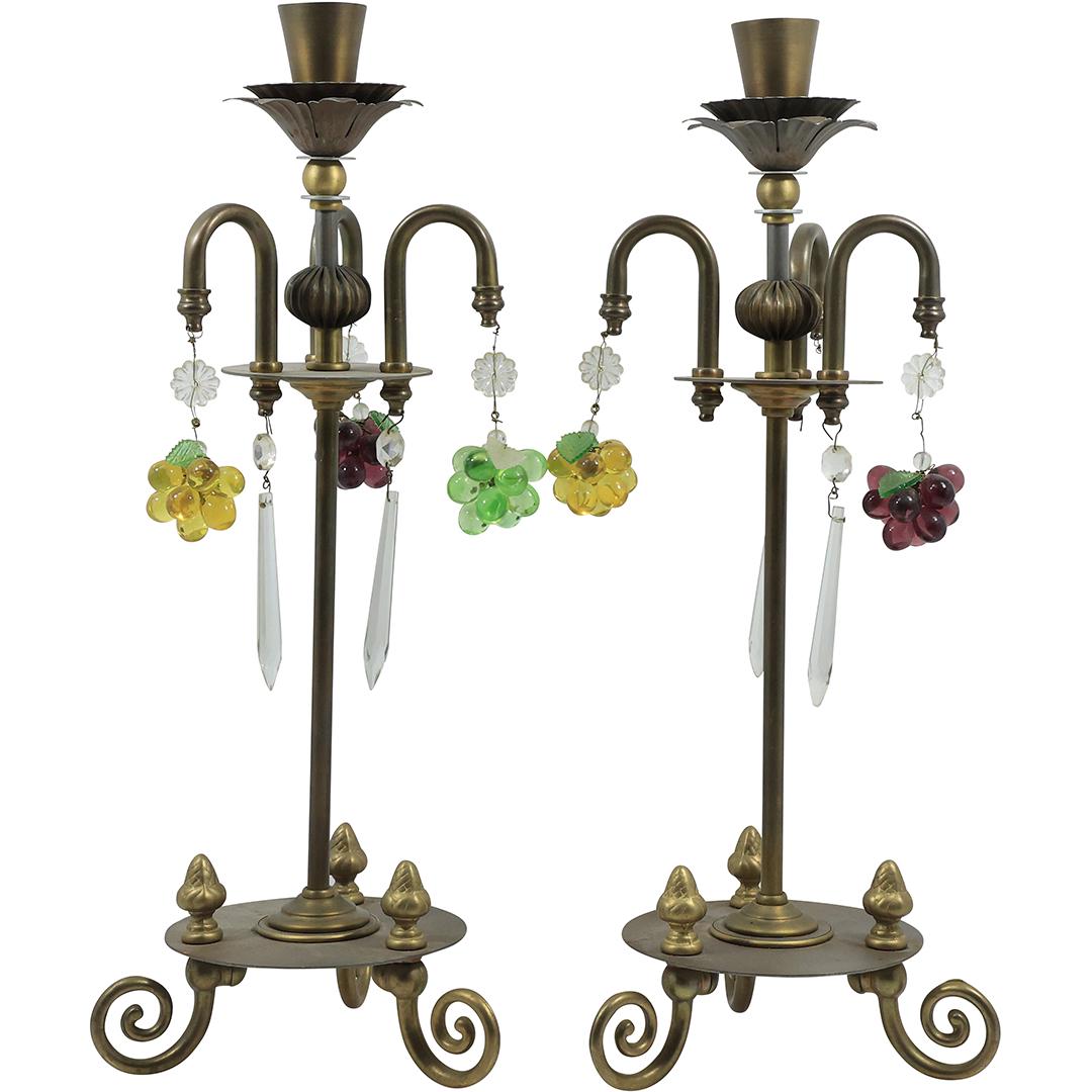 [2] Tall Hollywood Regency Metal Candle Holders with Hanging Glass Colored Grapes 17.75 in. height (1 of 20)