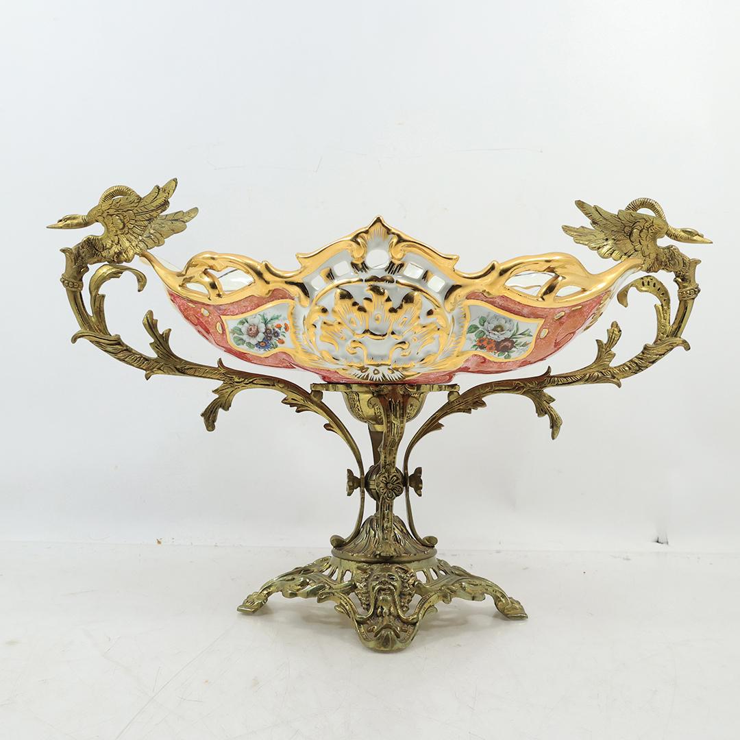 Decorated Teplitz Bowl Mounted in an Ornate Bronze Holder with Swans on Sides 16 in. length (1 of 20)