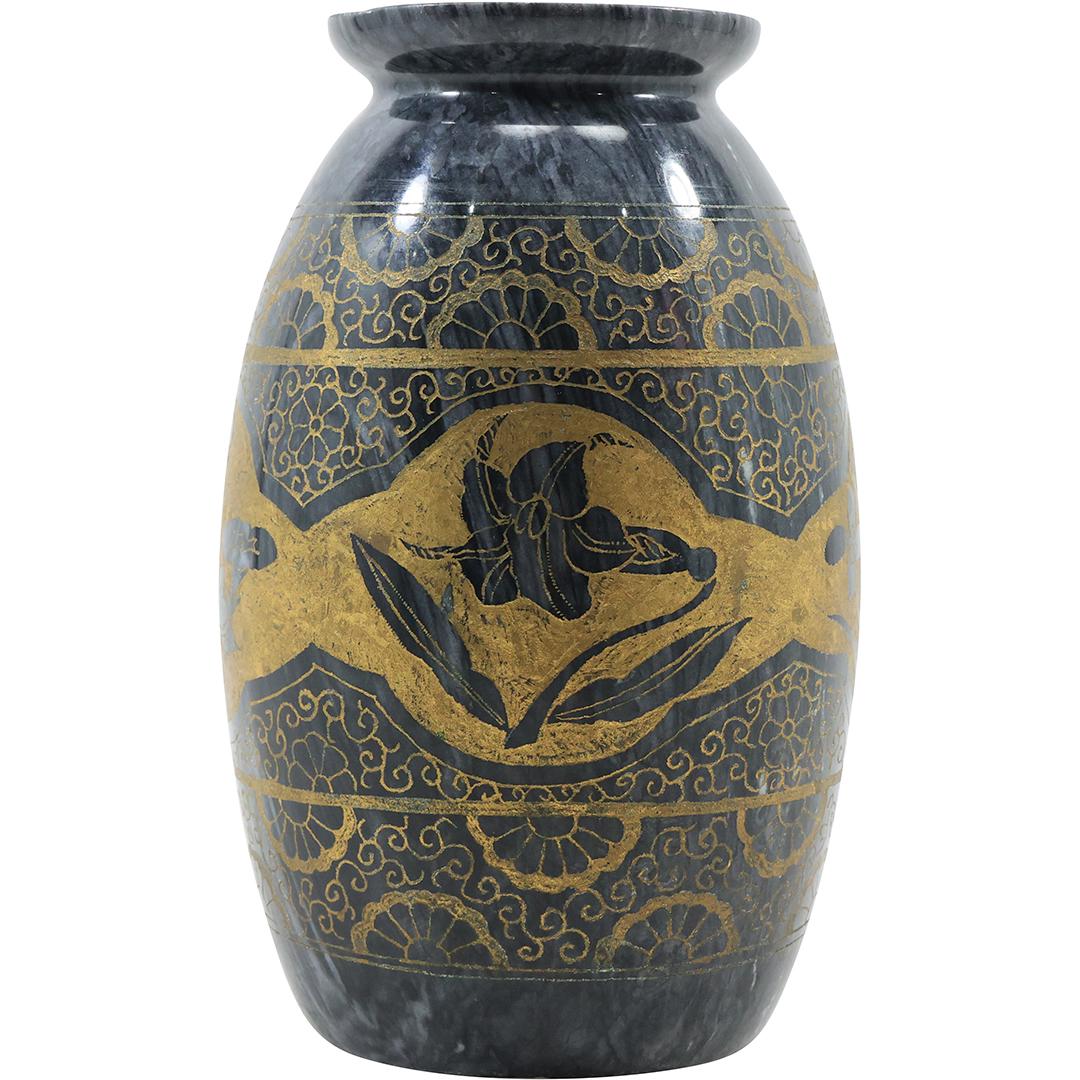 Polished Marble Dark Grey Vase with Onate Incised Brass Decoration 7.25 inches height (1 of 16)