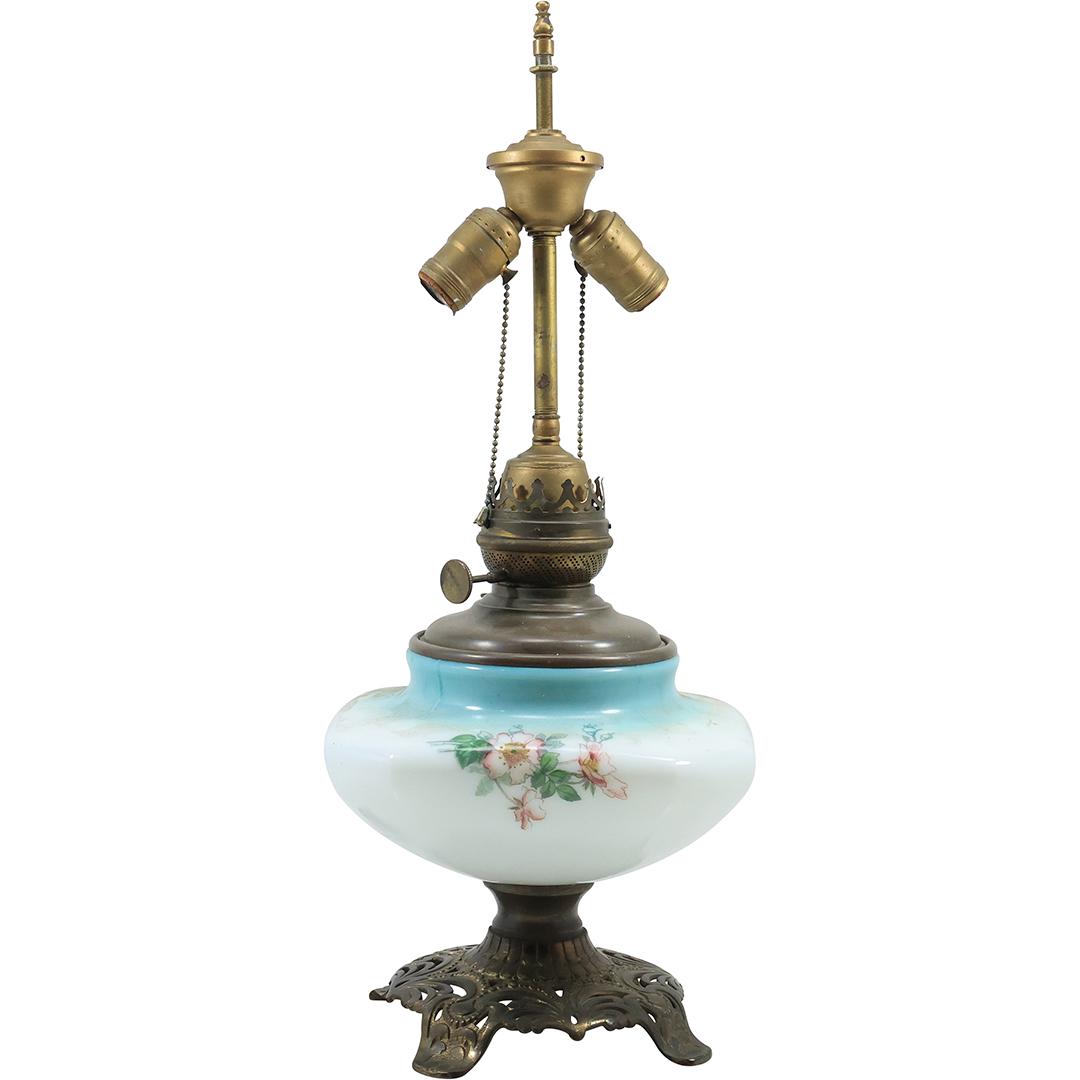 Antique Bristol Glass Oil Lamp Coverted to Electric Table Lamp 22.5 inches overall height: Antique Bristol Glass Oil Lamp Coverted to Electric Table Lamp. size: 22.5 in. x 9 in. THIS AUCTION HAS SPECIAL PICK UP DATES SPECIAL PICK UP DATES AND TIME-LINE, W/ EXTENDED PICK UPS. 5/22 Mon: Aucti