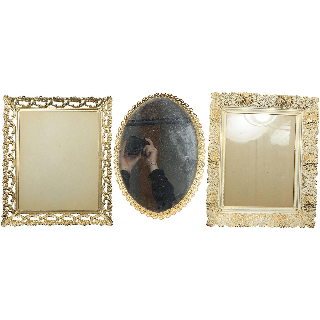 Circa 1950 [2] Gold Tone Metal Picture Framed and Gold Tone Metal Frame Oval Mirror Dresser Tray (1 of 18)