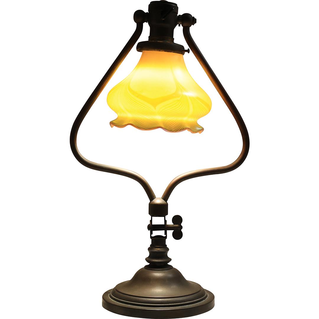 Brass HARP DESK LAMP with Signed STEUBEN Art Glass Pull Feather Shade (1 of 20)