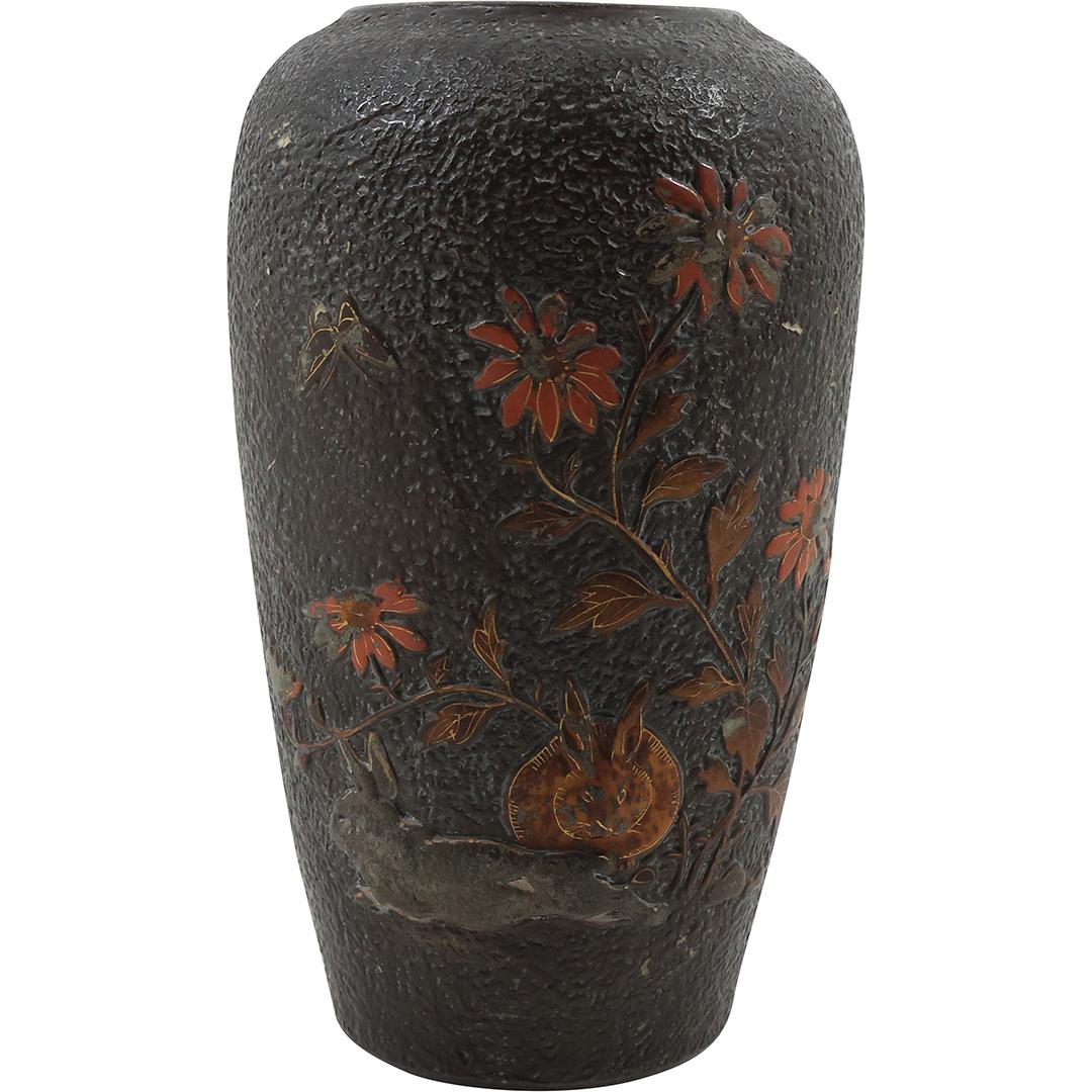 Unique Circa 1920 Dark Ceramic Vase with Rabbits, Flowers , Leaves (1 of 17)