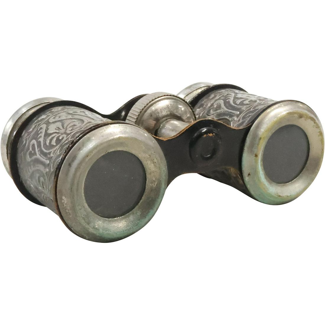 Fancy Design 1800s Victorian Silver Plate Opera Glasses, 3 5/8 in. x 2 in.: Fancy Design 1800s Victorian Silver Plate Opera Glasses, 3 5/8 in. x 2 in.