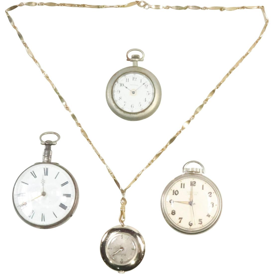 3 Pocket Watches and Watch on Chain: London 1817 Sterling Case Key Wind, Waltham, Webster, Westclox (1 of 18)