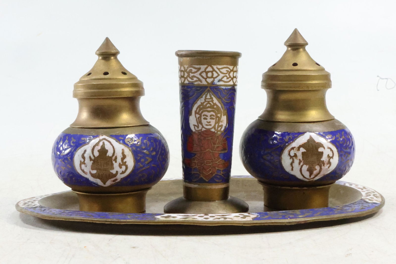 Vintage Cloisonne 4 Pc. Set: Salt, Pepper, Toothpick Holder, and Tray (1 of 13)