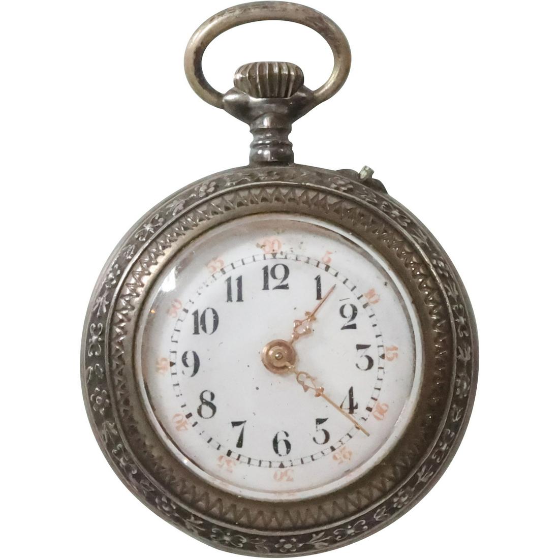 Sterling Silver Swiss Pocket Watch Engraved Dog 1 1/4 in. diameter (1 of 5)