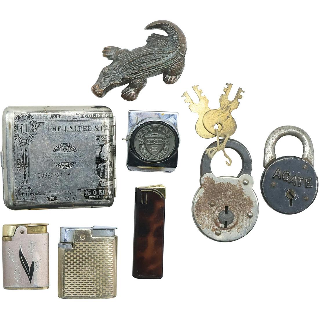 Assorted Vintage Ronson Lighters, Pad Locks, Harvard Paper Clip, Silver Money Purse (1 of 20)