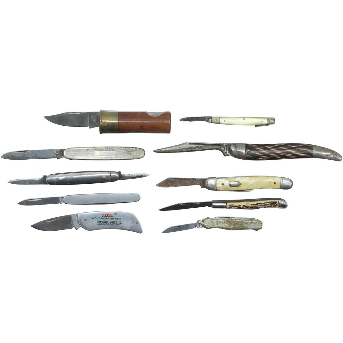 [10 Assorted Vintage Pocket Knives: Winchester Bullet, Imperial, Colonial, Flapper Girl, Germany...: [10 Assorted Vintage Pocket Knives: Winchester Bullet, Imperial, Colonial, Flapper Girl, Germany...others. Sizes 2 1/4 in. to 4 1/4 in.