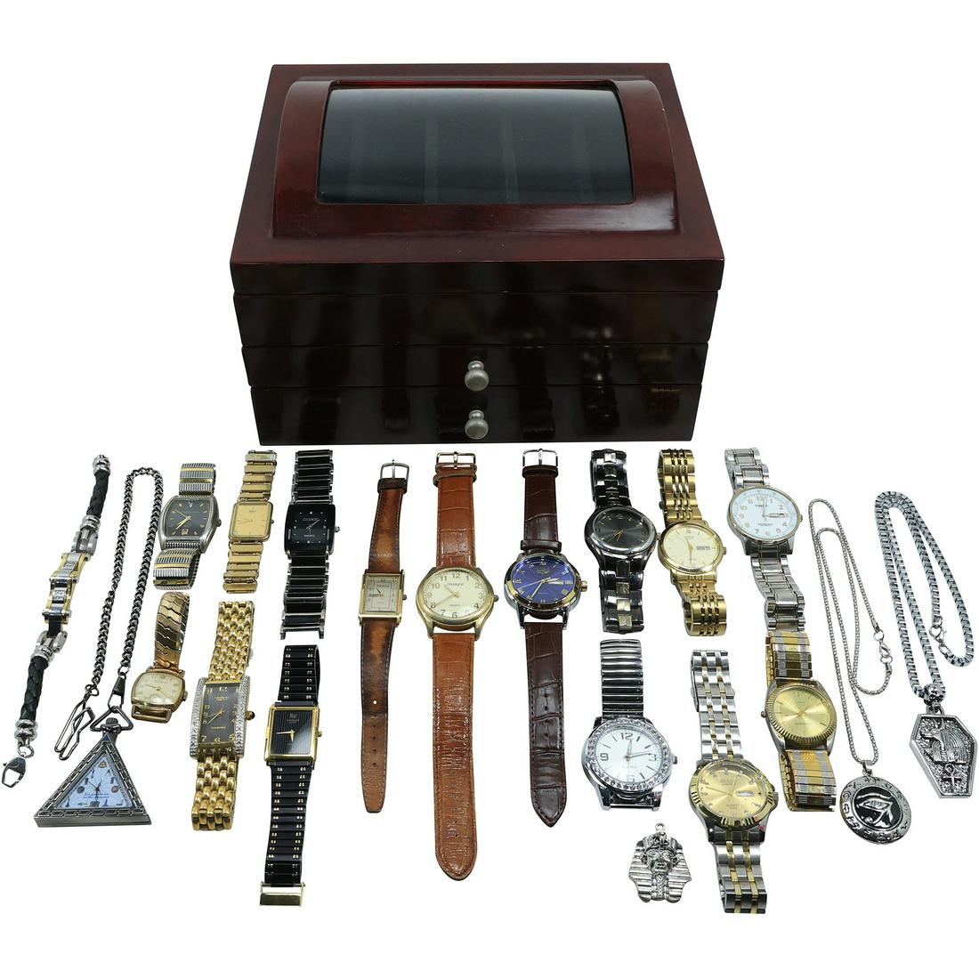 17 Assorted Wrist Watches in Polished Cherry Mahogany Display Case (1 of 19)