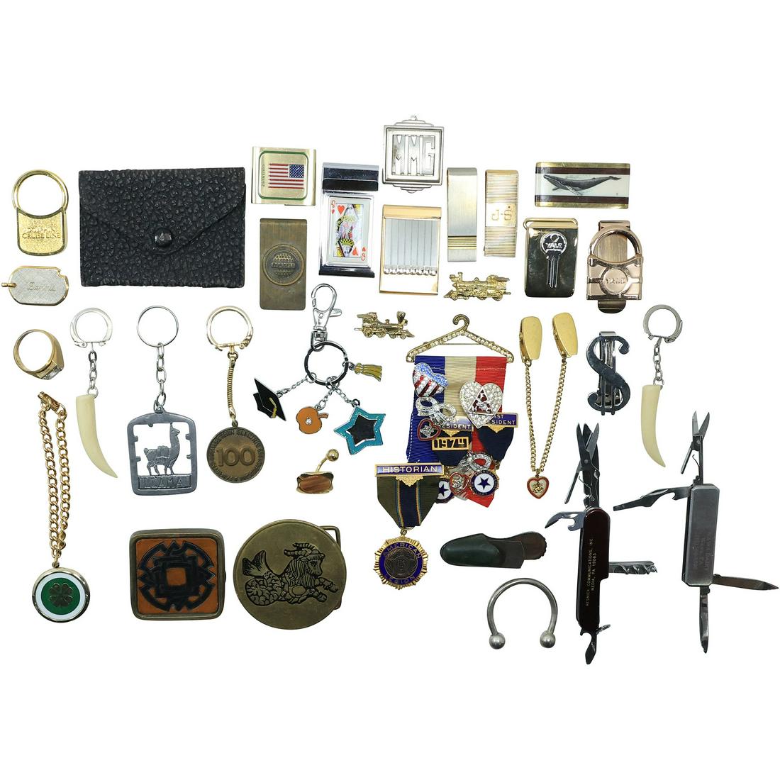 Assortment MAN LOT: Money Clip, Buckle Goat Snake, Cloissone Snuff Bottle, Knives, Key Chains, Zippo (1 of 20)