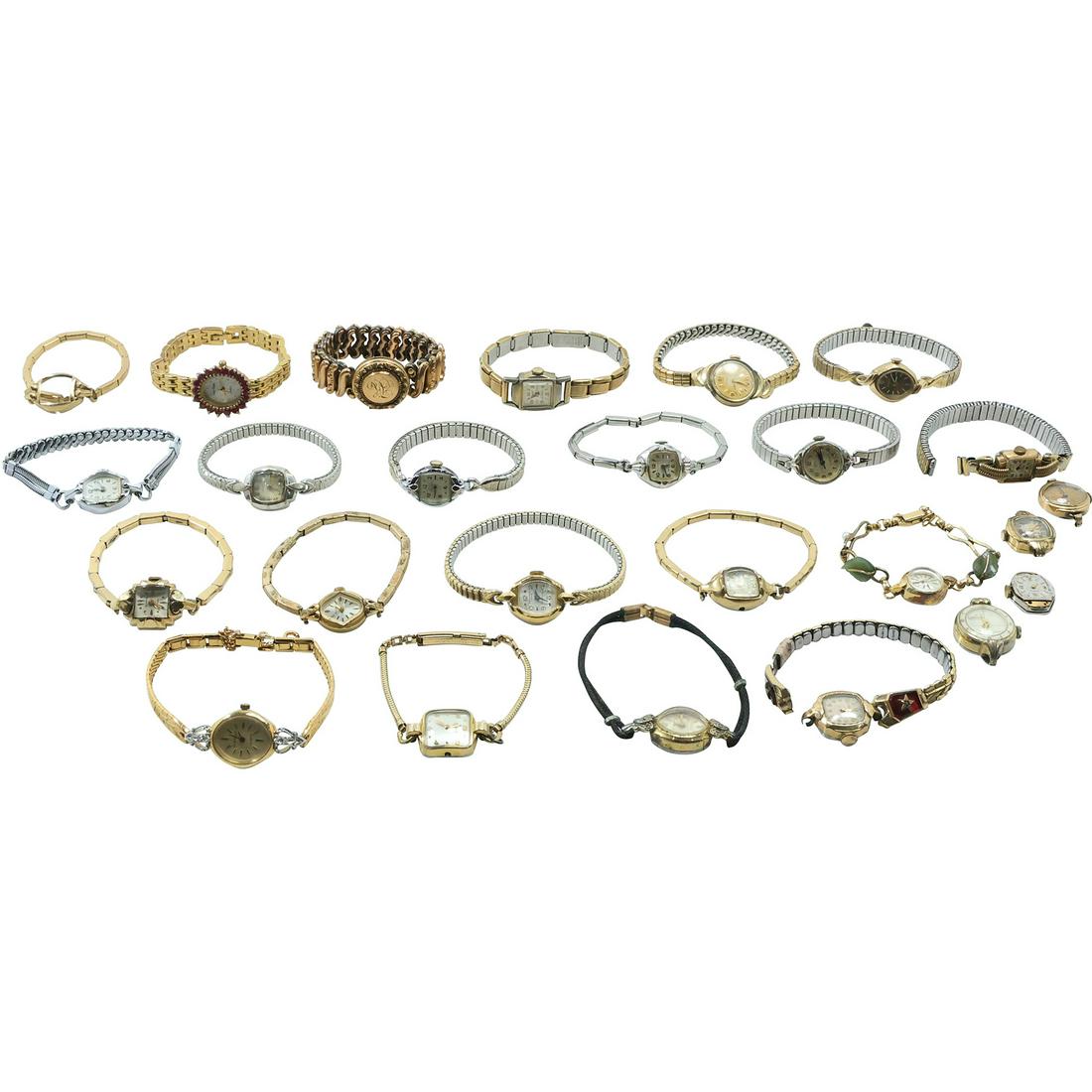 [25] Assorted Non Working Vintage Woman's Wrist Watches: Bulova, Benrus, Caravelle, Belforte: [25] Assorted Non Working Vintage Woman's Wrist Watches: Bulova, Benrus, Caravelle, Belforte, Dominique, and others. Many 10K RGP