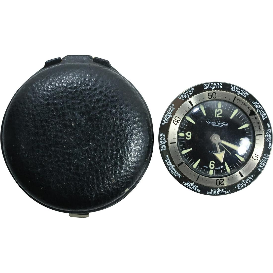 1960s Swiza Sheffield Clock with Original Leather Case 8-Day World Timer Diver Style 3.5 in. dia. (1 of 20)