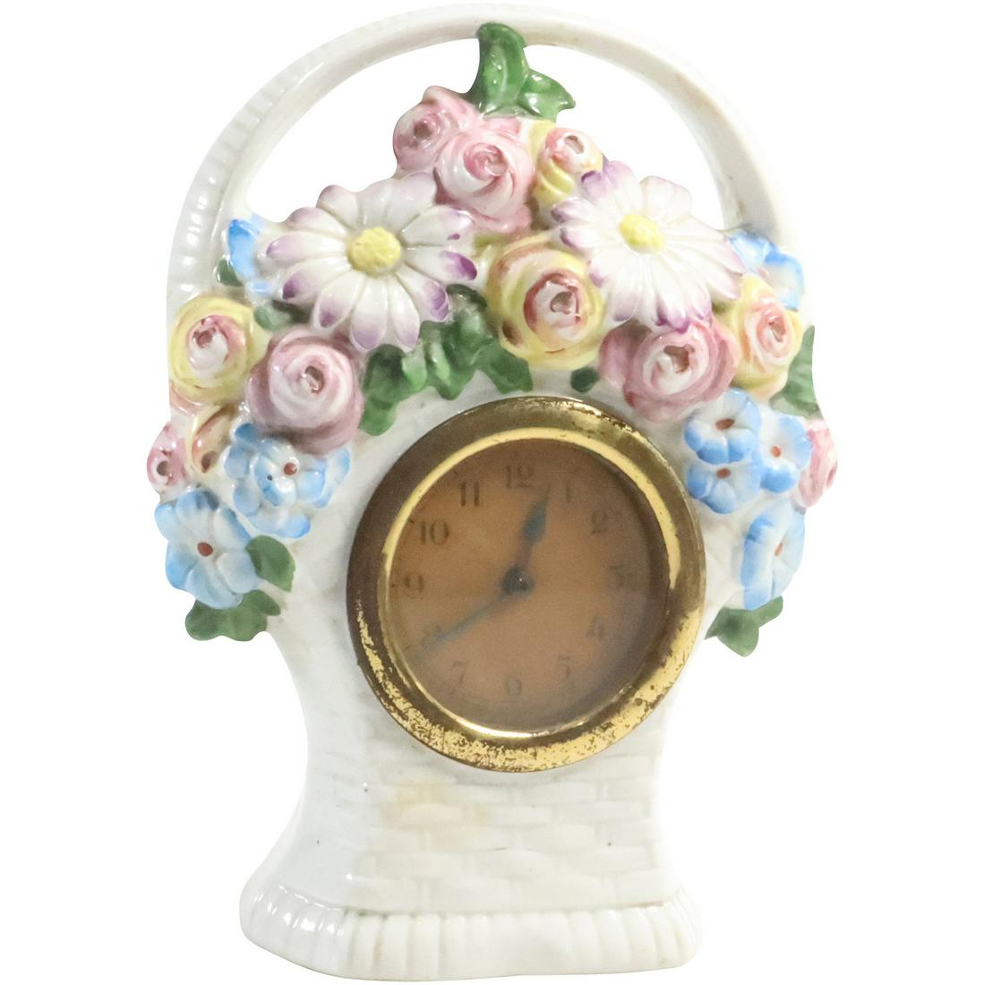 Basket of Flowers Germany Small Porcelain Mantle Clock Victorian 6 1/2 in. height x 4 3/4 x 2 1/4 (1 of 14)