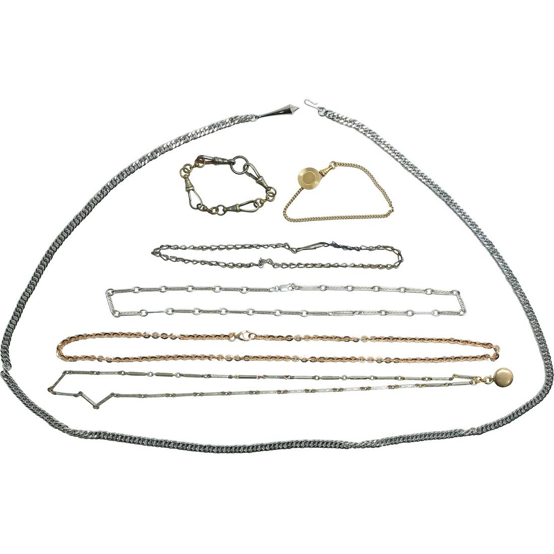 [7] Assorted Watch Fobs and Chains: .925 Sterling 19 1/2 in.; Bronze Milor, Silver Fob Chain Locket (1 of 17)