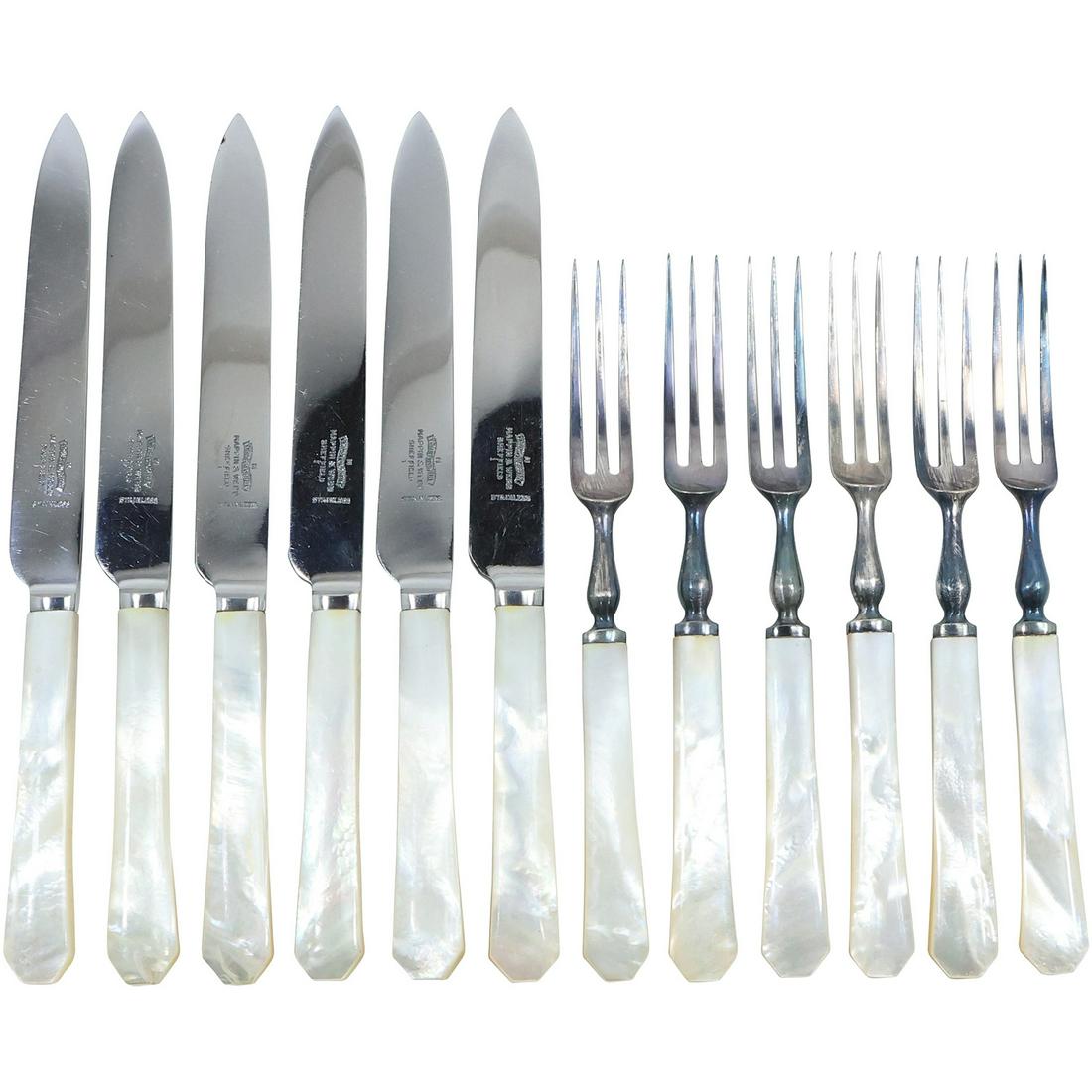 Mappen and Webb Sheffield MOP Sterling Handles Forks and Knives Set in Wooden Box - Antique (1 of 18)