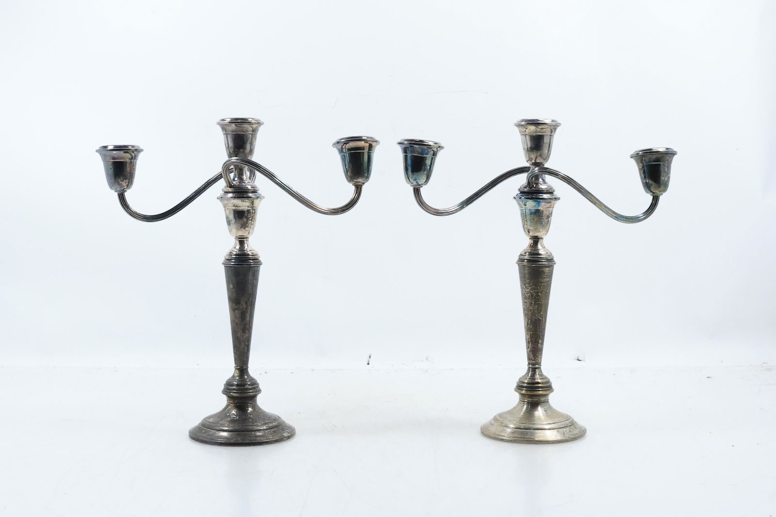 Pair DUCHIN Creation STERLING SILVER Weighted Triple Candelabras 6 3/4 in. h. x 10.5 in. length (1 of 19)