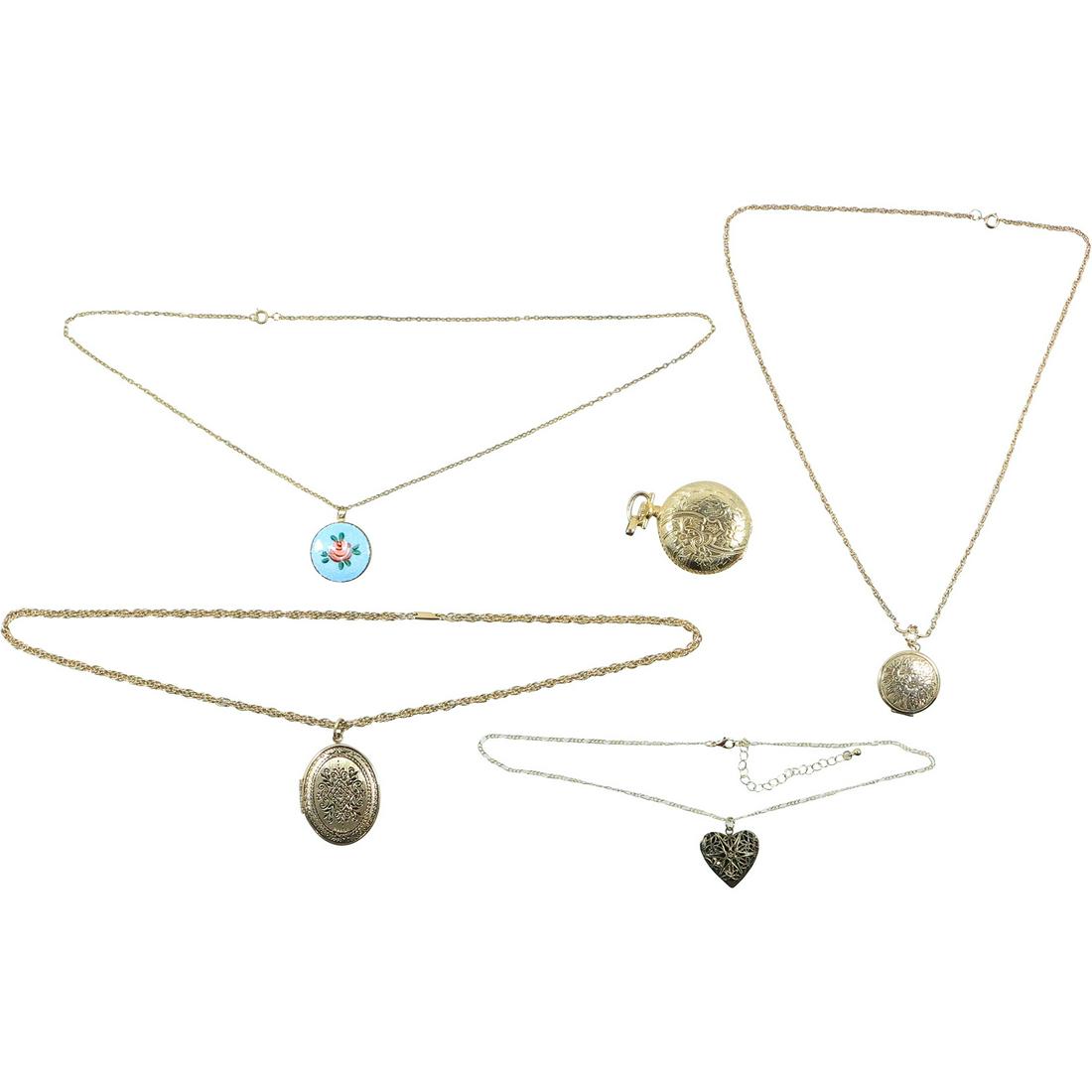 [5] Assorted Pendant Lockets on Chains: Enameled Locket, Sunflower Embossed, Heart Locket (1 of 20)