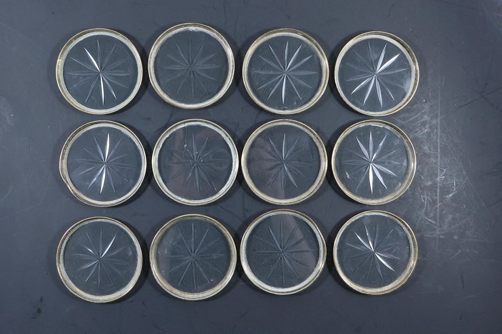[12] Sterling Silver Rimmed Crystal Glass Centers Coasters 3 in. diameter (1 of 13)