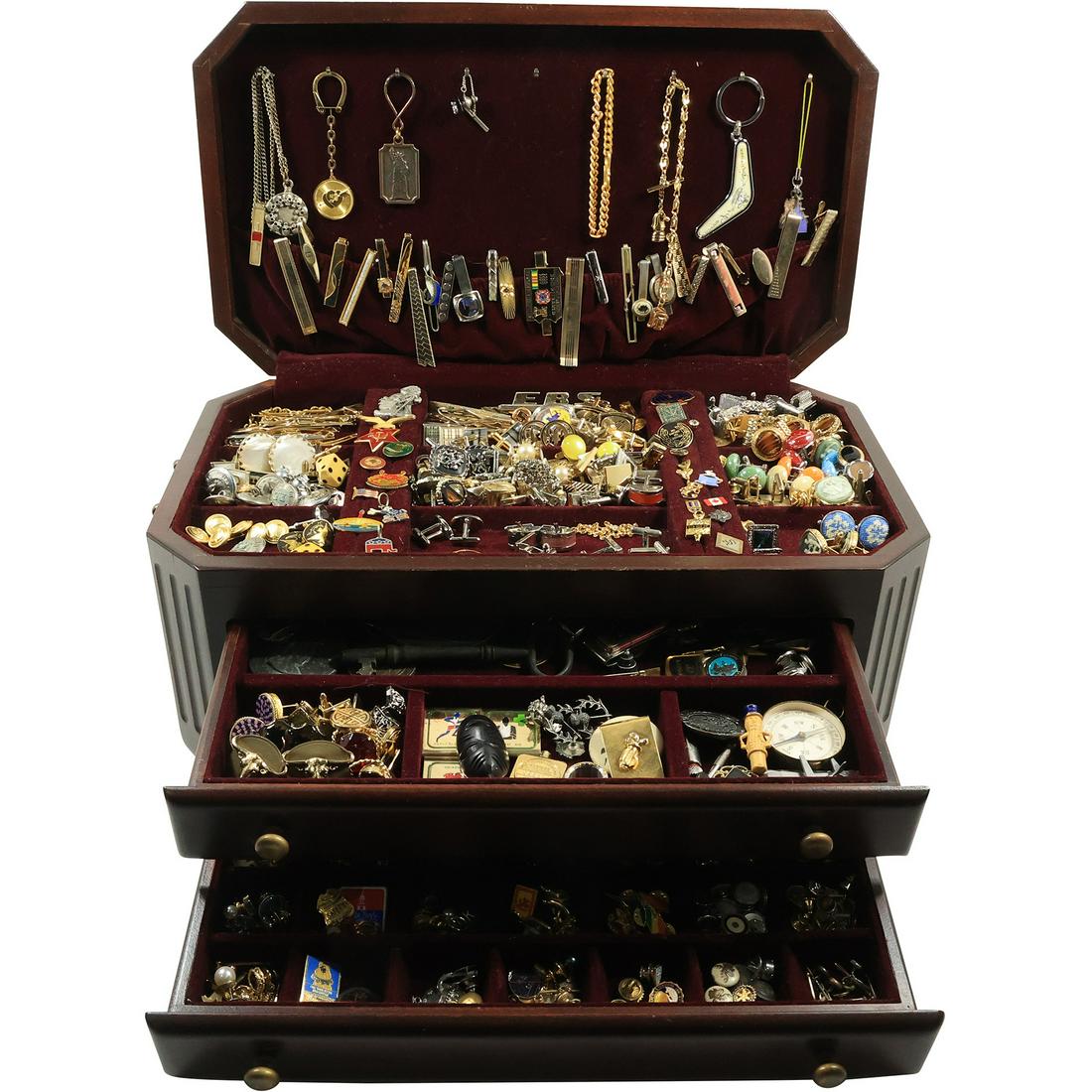 Wooden Estate Jewelry Chest LOADED WITH MEN'S JEWELRY AND TRINKETS (1 of 19)