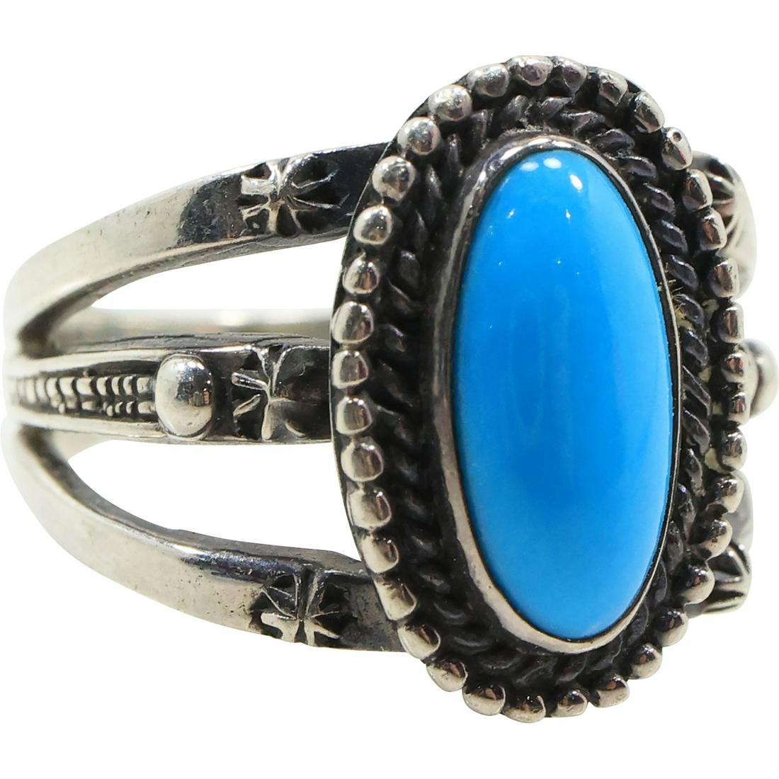 .925 Sterling Silver Turquoise Ring Size 7 , 3/4 in. x 5/8 in. (1 of 7)