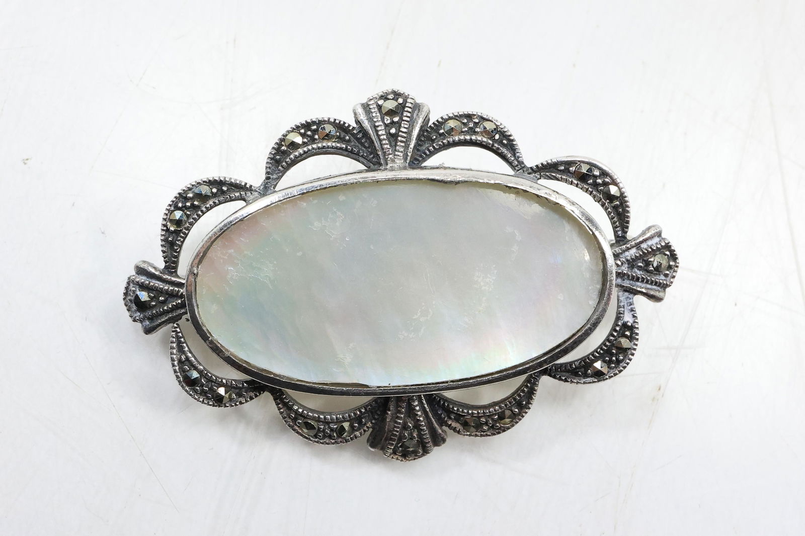 Sterling Silver Marcasite and MOP Pin 2 in. x 1 1/4 in. (1 of 13)