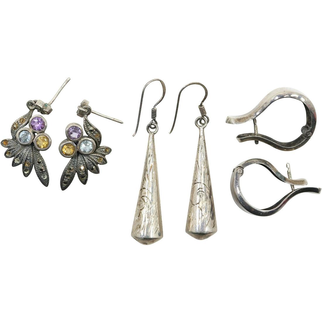 [3 Pairs] Sterling Silver Earrings: Pierced Harp, Etched Drop Pierced, Purple Amethyst, Citrine, (1 of 13)